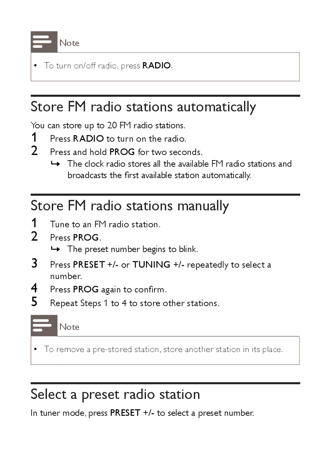 Philips AJ5000 Store FM radio stations automatically, Store FM radio stations manually, Select a preset radio station 