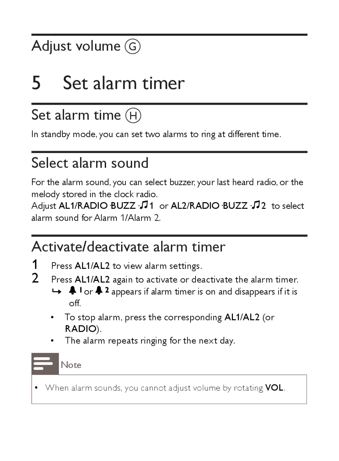 Philips AJ5000 Set alarm timer, Adjust volume G, Set alarm time H, Select alarm sound, Activate/deactivate alarm timer 