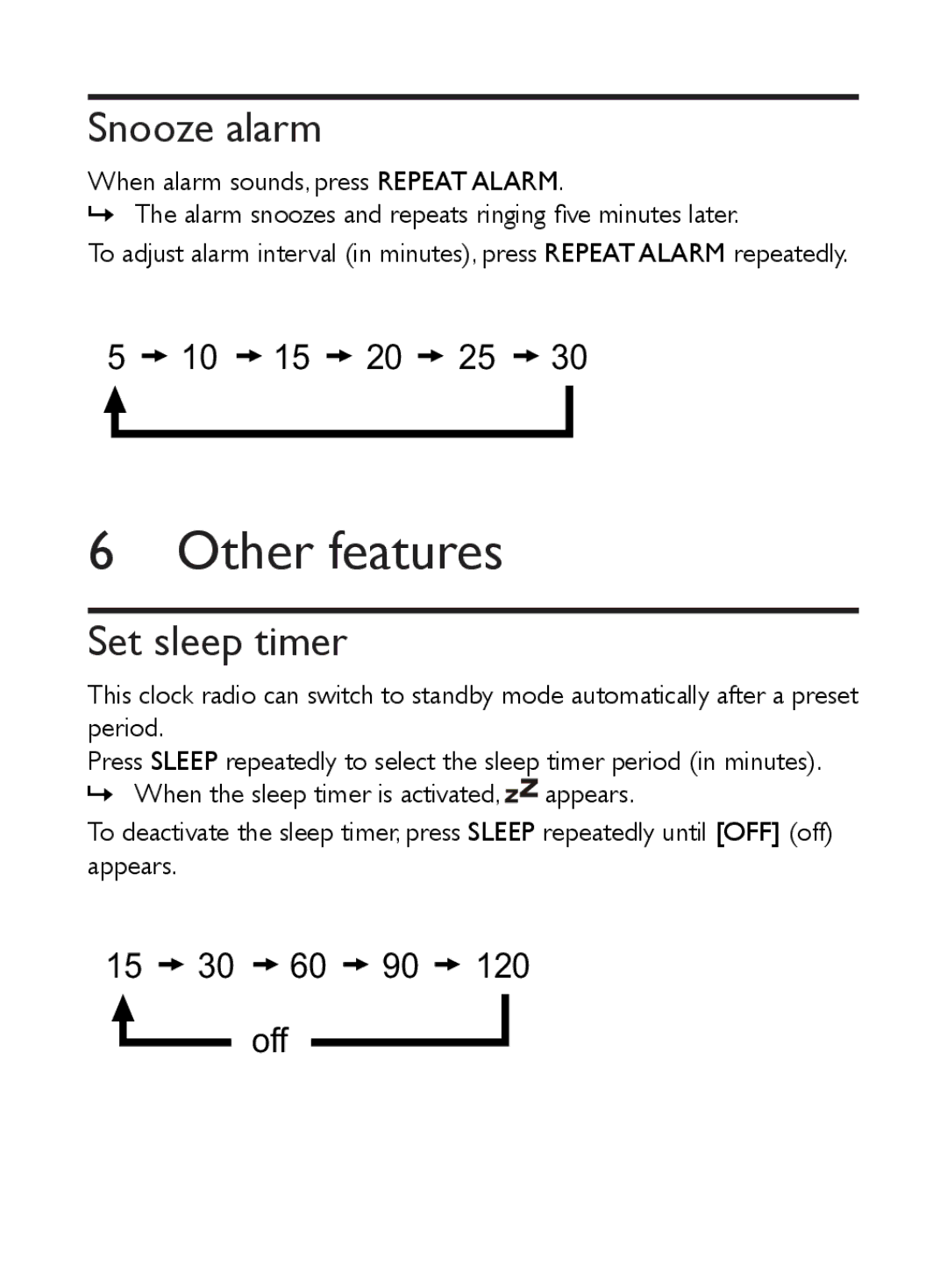 Philips AJ5000 user manual Other features, Snooze alarm, Set sleep timer 