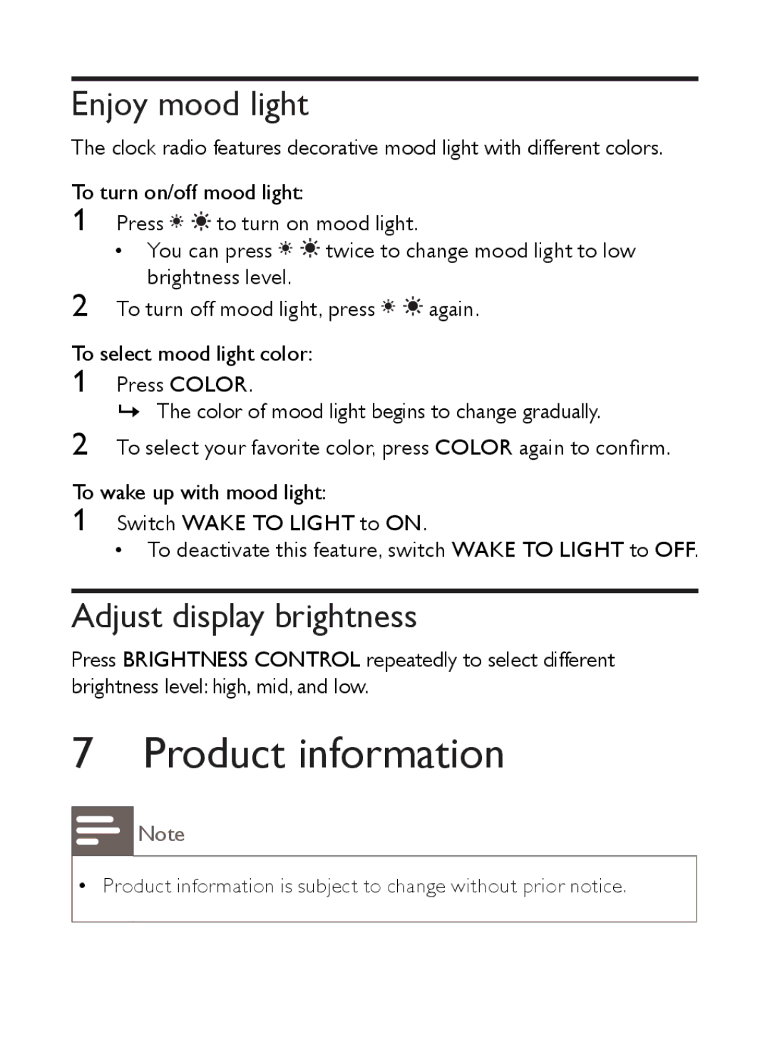 Philips AJ5000 user manual Product information, Enjoy mood light, Adjust display brightness 