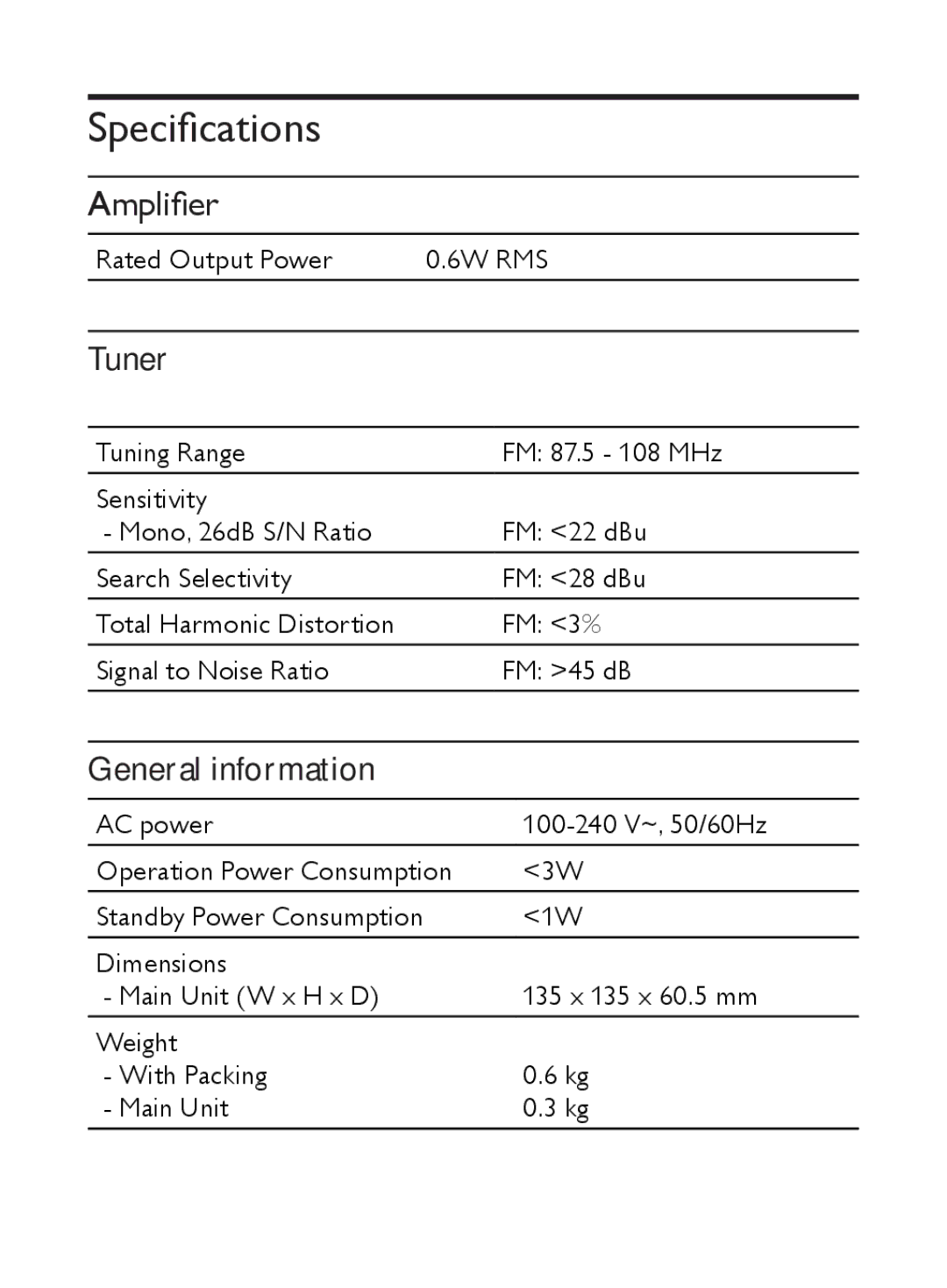 Philips AJ5000 user manual Specifications, Tuner 