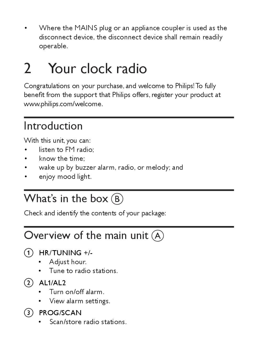 Philips AJ5000 user manual Your clock radio, Introduction, What’s in the box B, Overview of the main unit a 