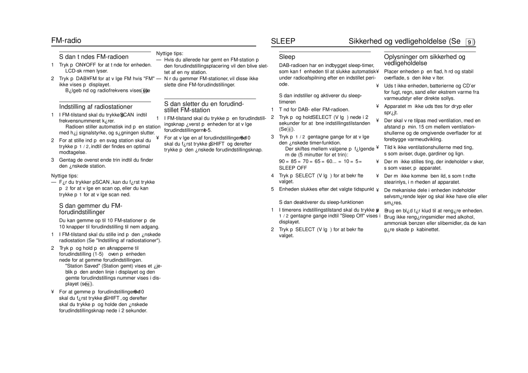 Philips AJ5100DAB user manual FM-radio, Sikkerhed og vedligeholdelse Se 