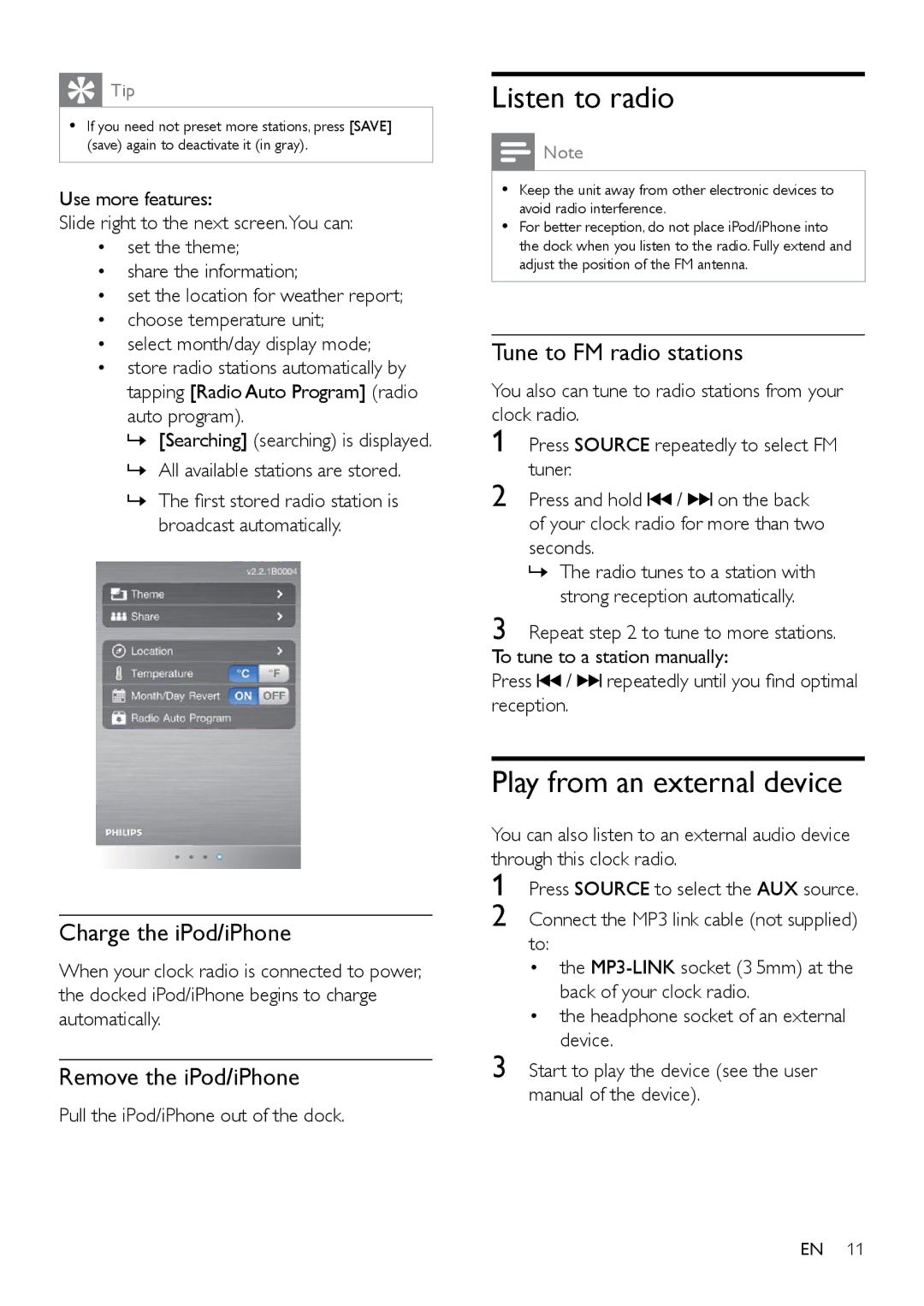 Philips AJ5300D user manual Charge the iPod/iPhone, Remove the iPod/iPhone, Pull the iPod/iPhone out of the dock 