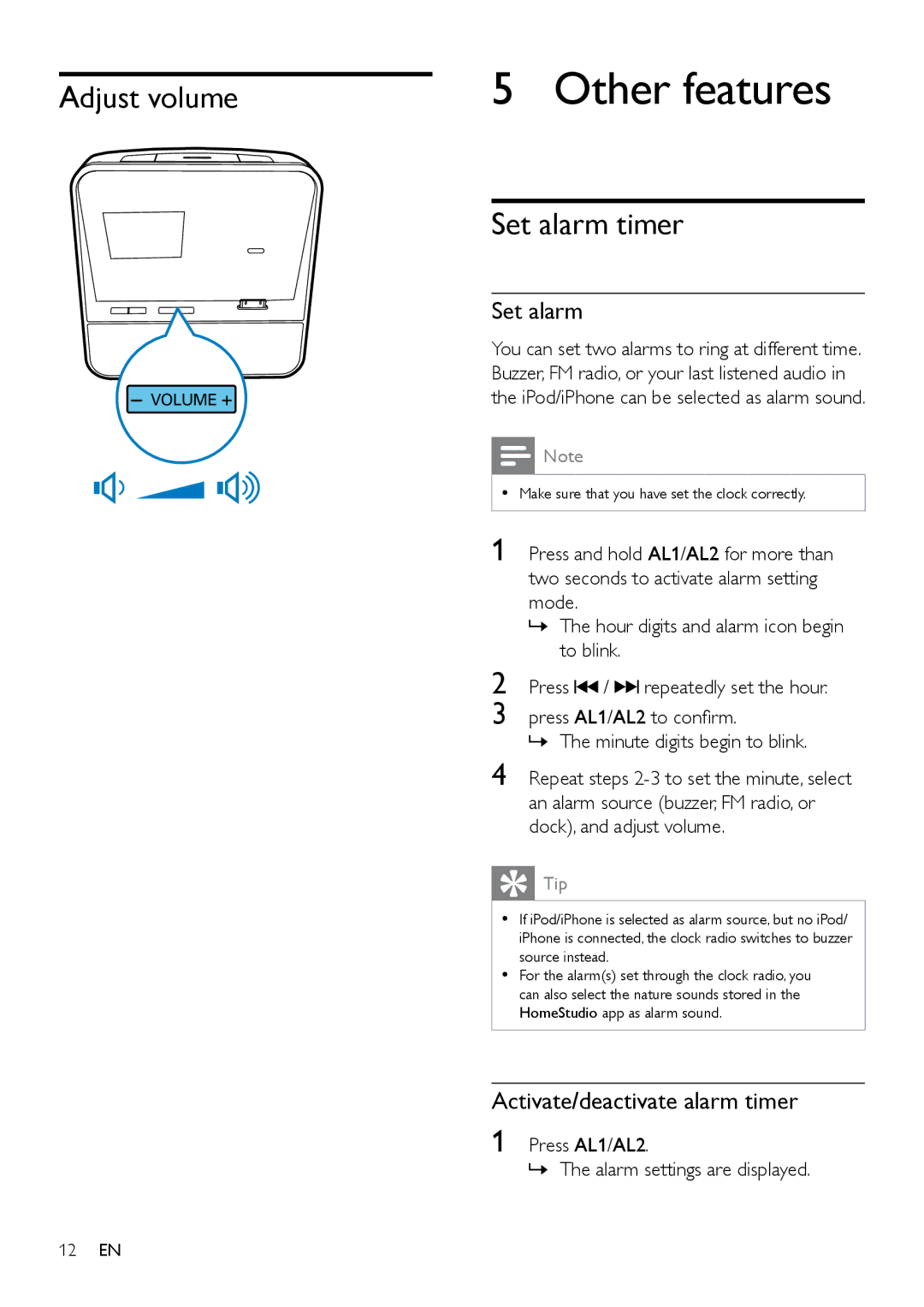 Philips AJ5300D user manual Other features, Adjust volume, Set alarm timer, Activate/deactivate alarm timer 