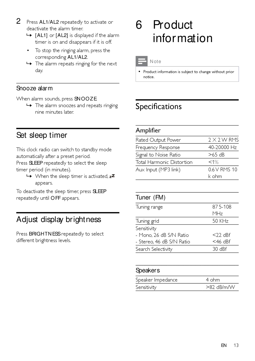 Philips AJ5300D user manual Product information, Set sleep timer, Adjust display brightness, Specifications 