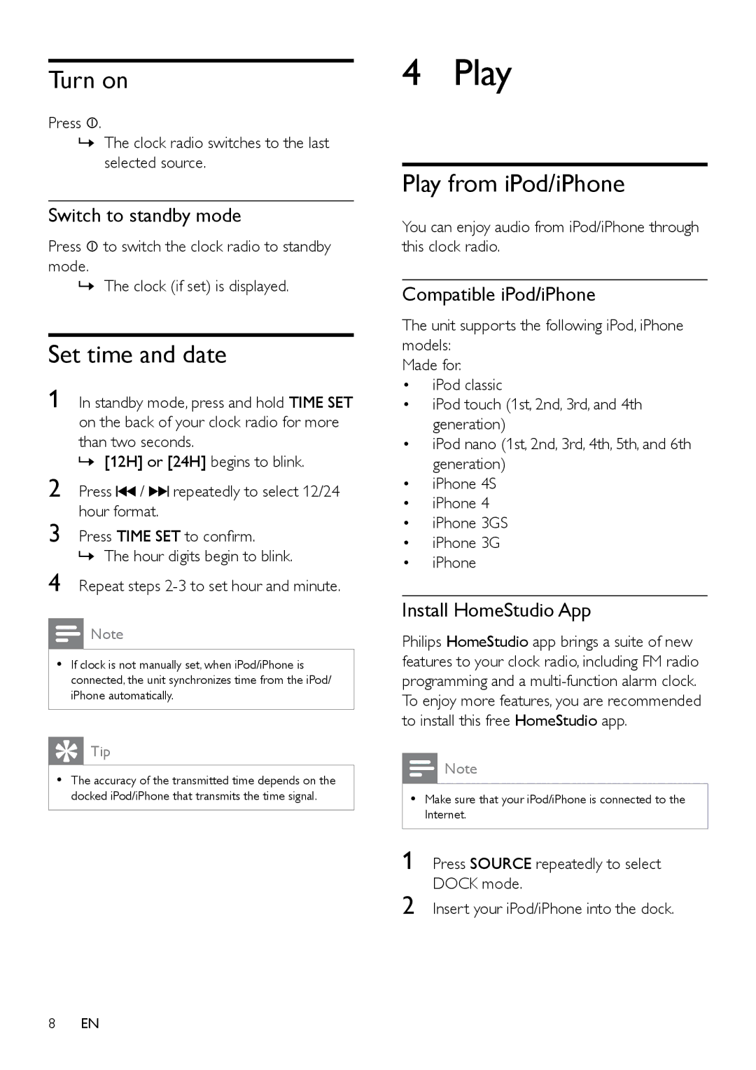 Philips AJ5300D user manual Turn on, Set time and date, Play from iPod/iPhone 