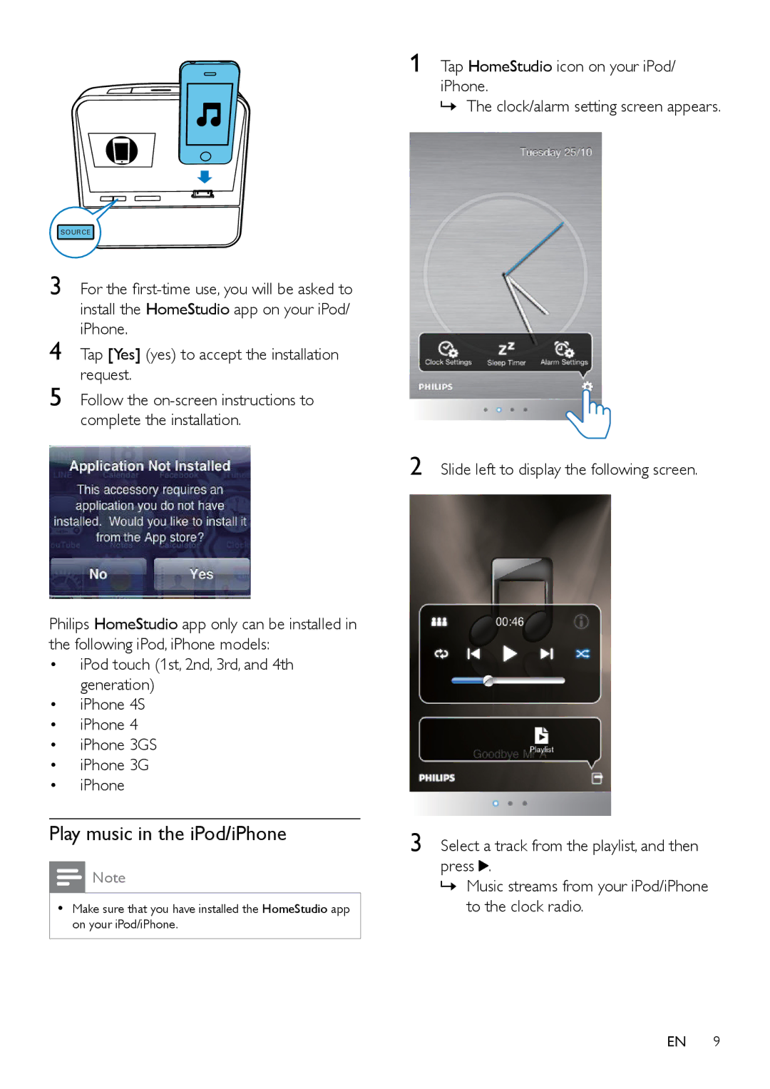 Philips AJ5300D user manual Play music in the iPod/iPhone 