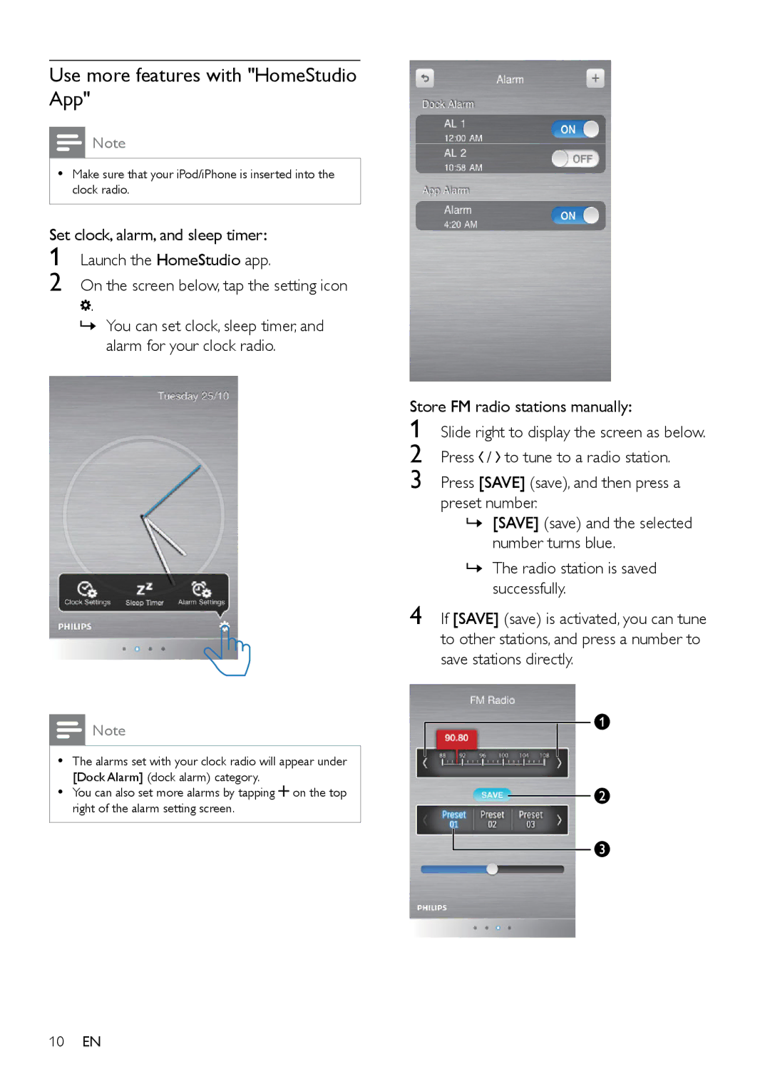 Philips AJ5300D user manual Use more features with HomeStudio App, Store FM radio stations manually 