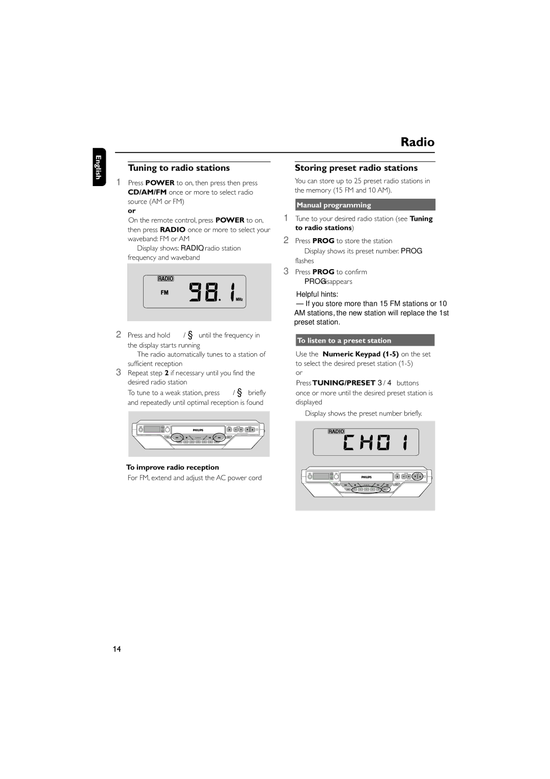 Philips AJ6110 quick start Radio, Tuning to radio stations, Storing preset radio stations, Manual programming 