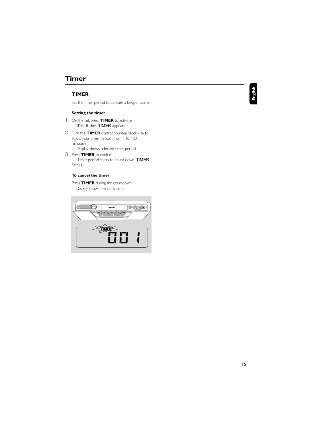 Philips AJ6110 quick start Timer, Set the timer period to activate a beeper alarm, Setting the timer, To cancel the timer 
