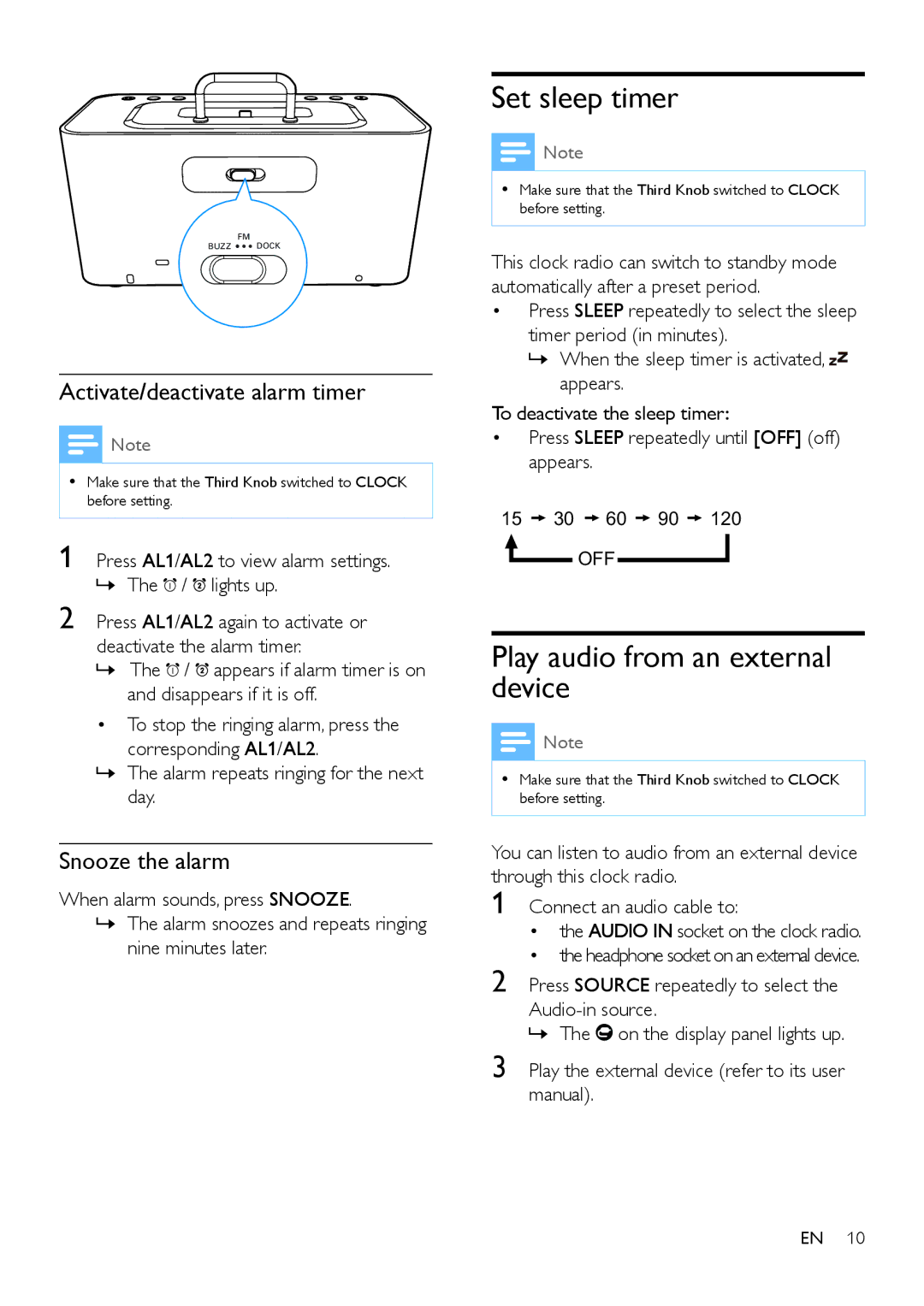 Philips AJ6200D Set sleep timer, Play audio from an external device, Activate/deactivate alarm timer, Snooze the alarm 