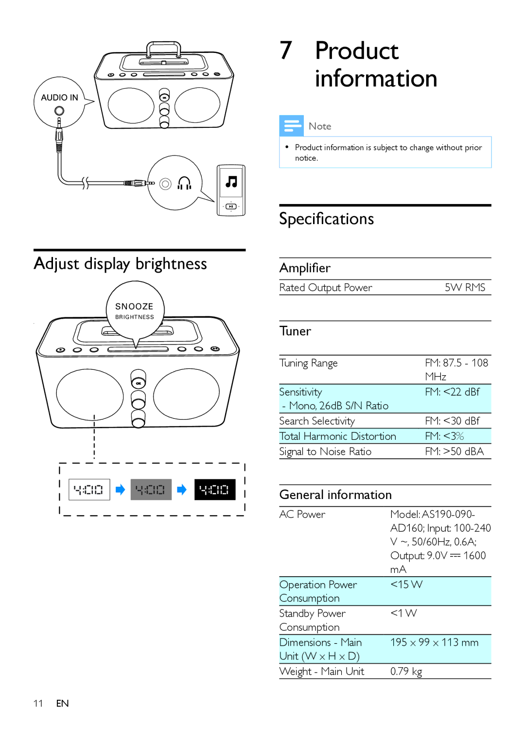 Philips AJ6200DB user manual Product information, Adjust display brightness, Specifications 