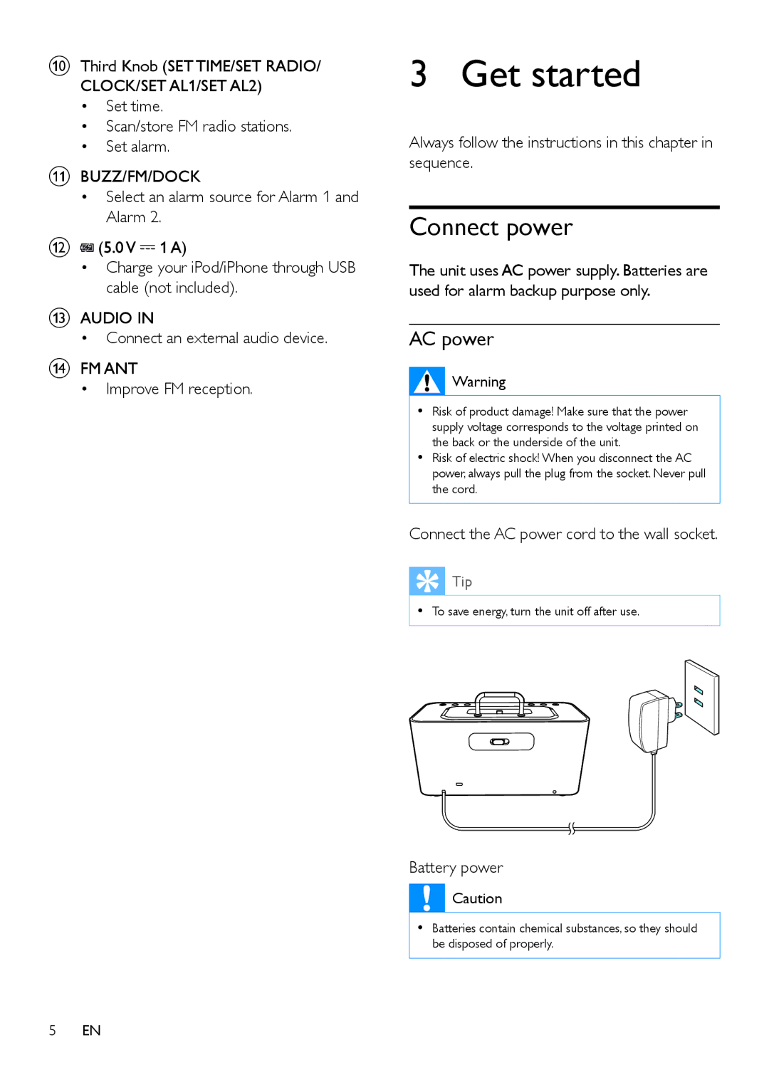 Philips AJ6200DB user manual Get started, Connect power, AC power, Buzz/Fm/Dock, Fm Ant 