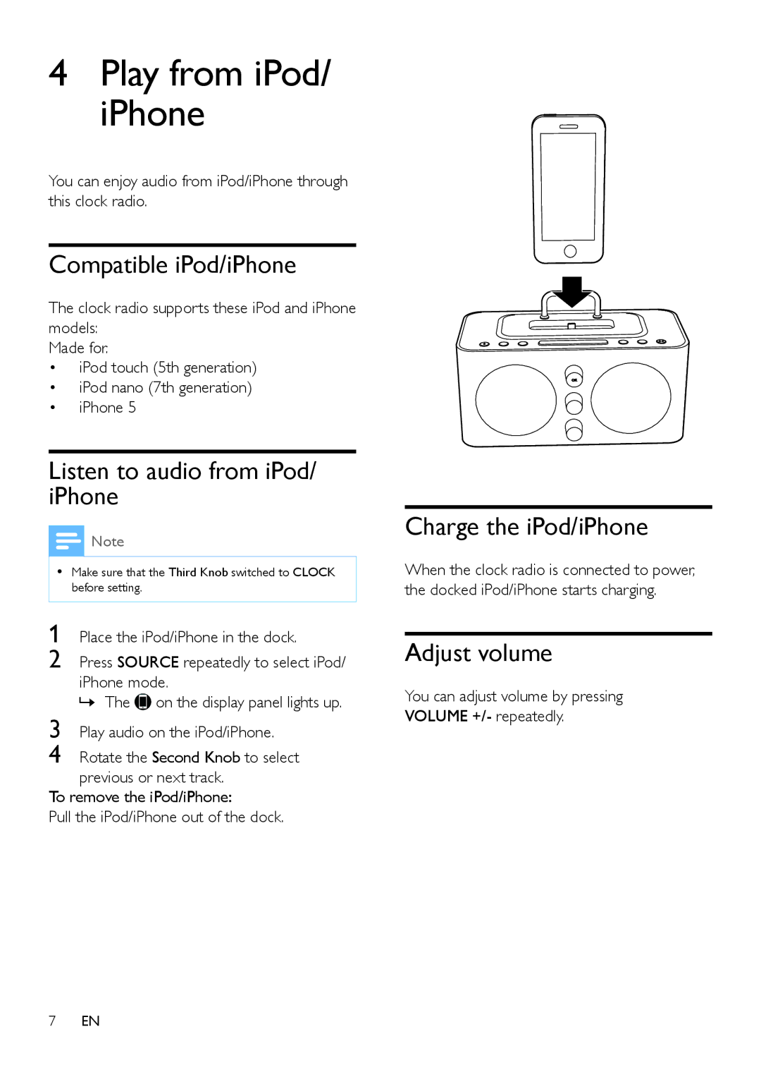 Philips AJ6200DB Play from iPod/ iPhone, Compatible iPod/iPhone, Listen to audio from iPod/ iPhone, Charge the iPod/iPhone 