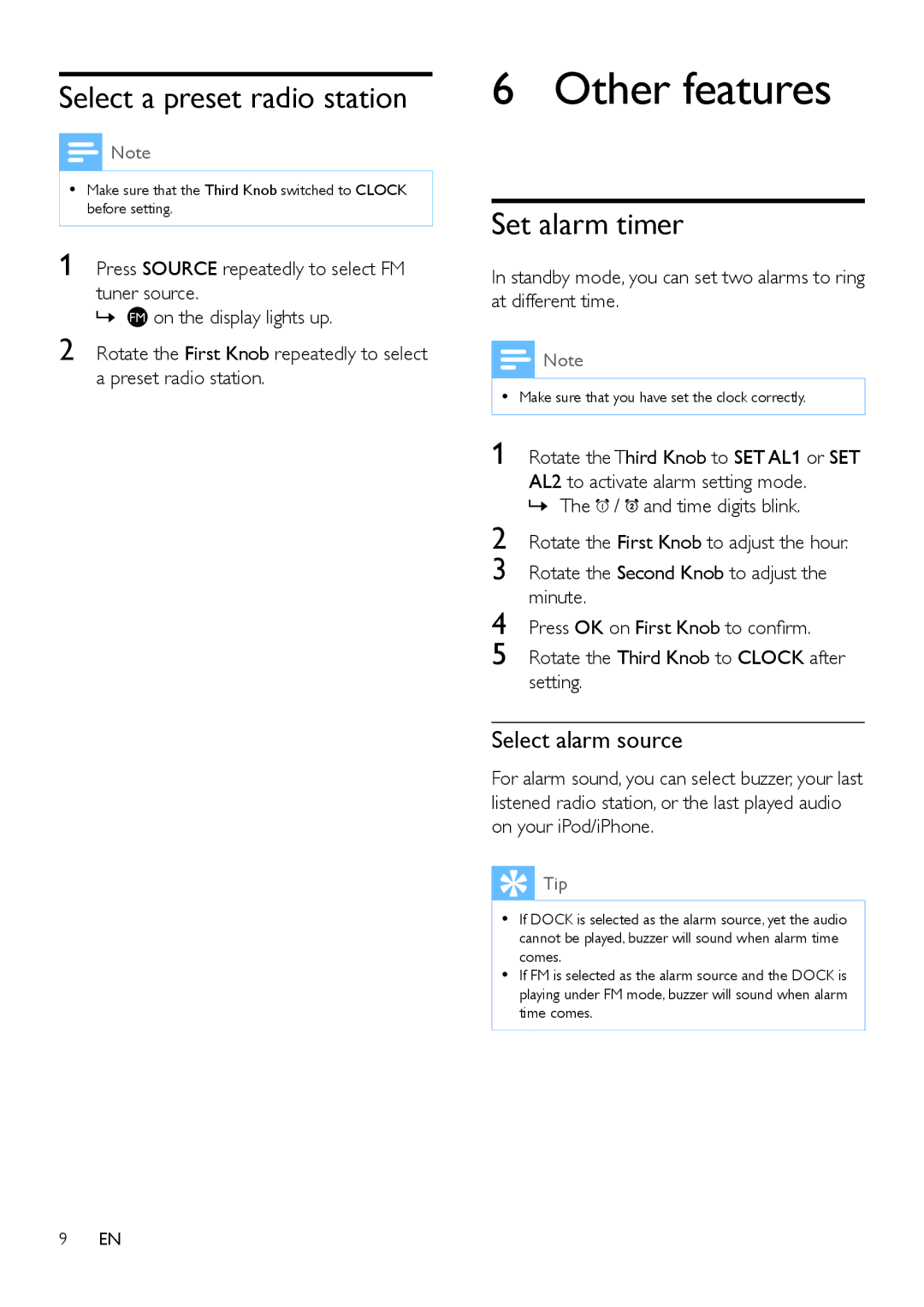 Philips AJ6200DB user manual Other features, Select a preset radio station, Set alarm timer, Select alarm source 