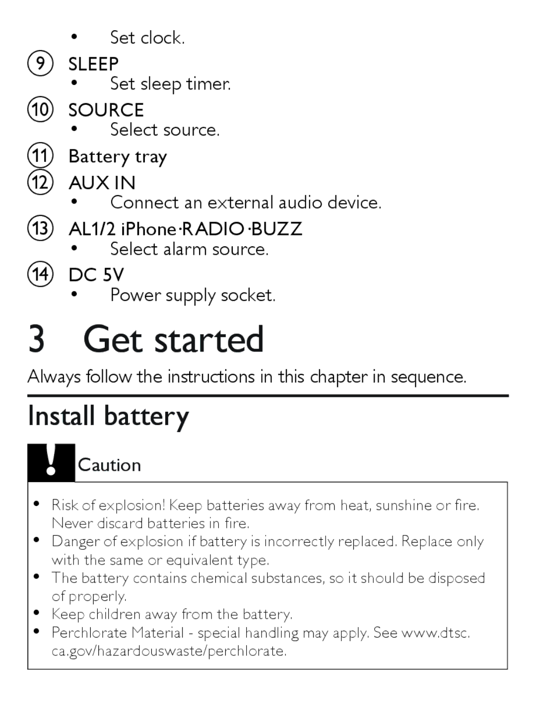 Philips AJ7030D user manual Get started, Install battery 