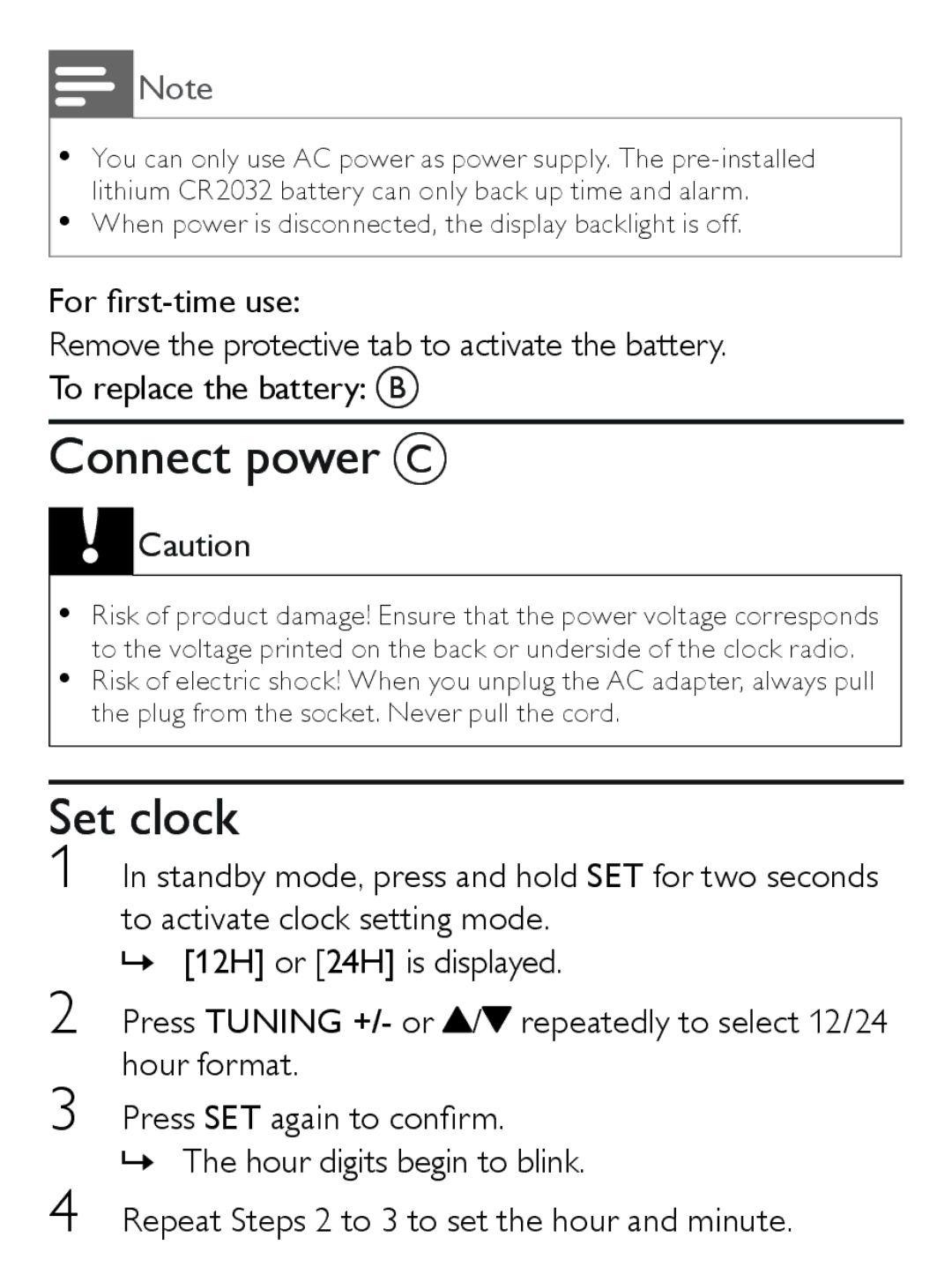 Philips AJ7030D user manual Connect power C, Set clock 