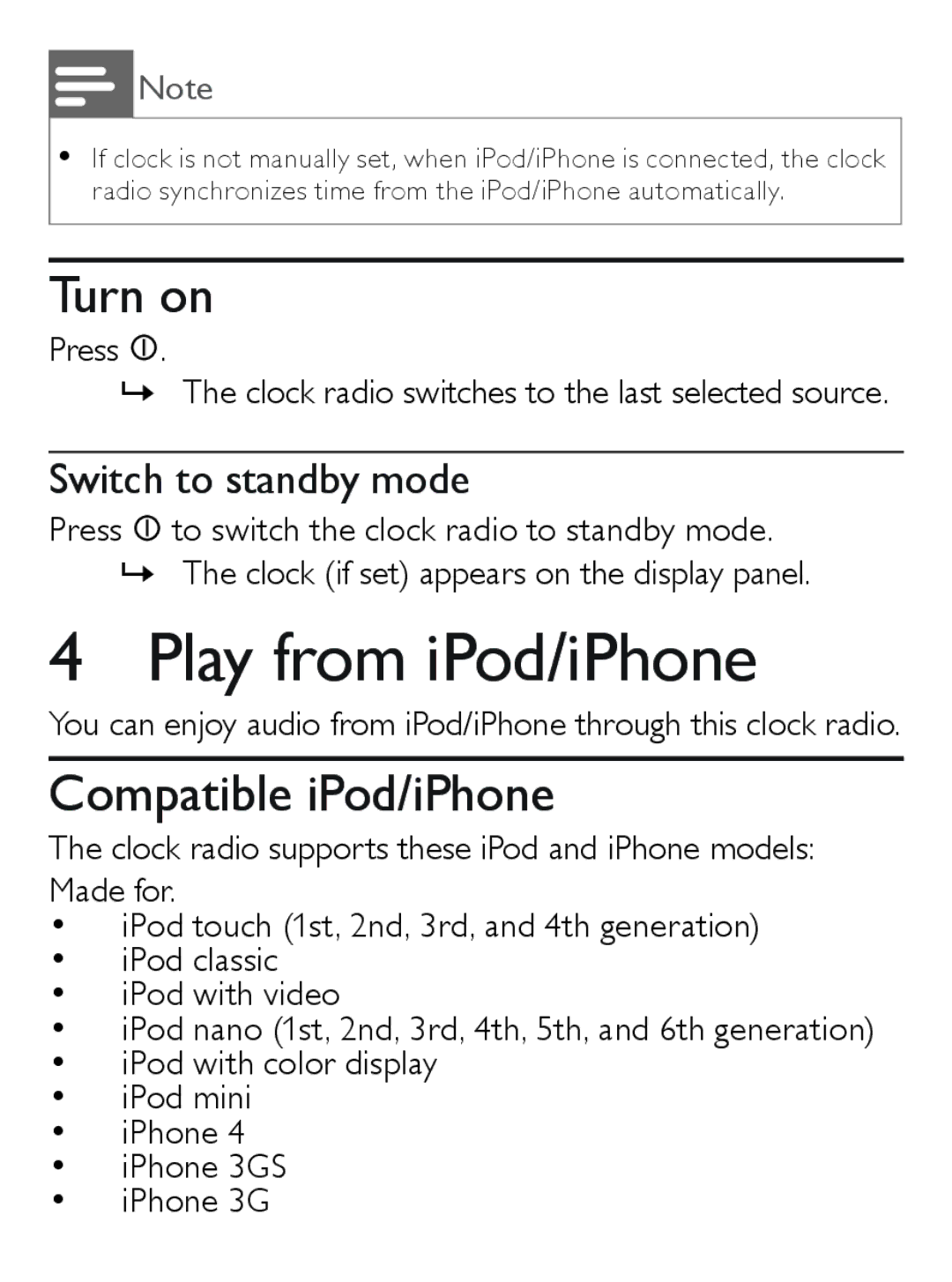 Philips AJ7030D user manual Play from iPod/iPhone, Turn on, Compatible iPod/iPhone, Switch to standby mode 