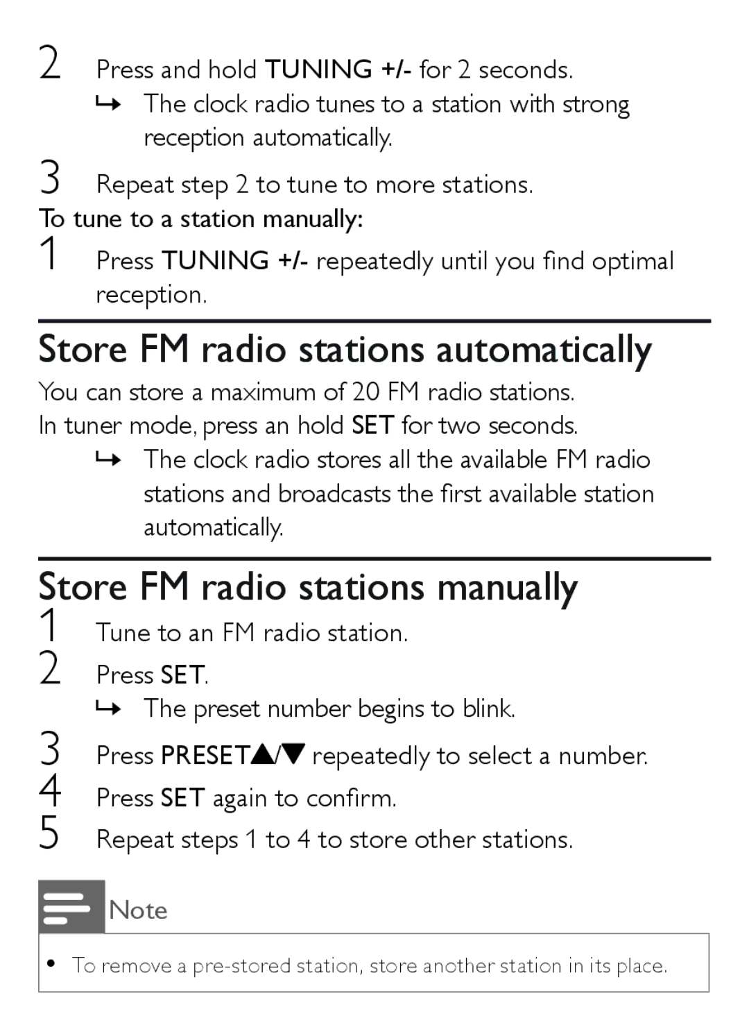 Philips AJ7030D user manual Store FM radio stations automatically, Store FM radio stations manually 