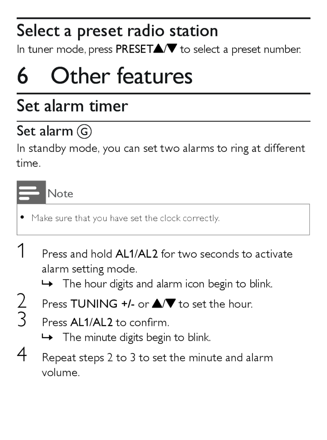 Philips AJ7030D user manual Other features, Select a preset radio station, Set alarm timer, Set alarm G 