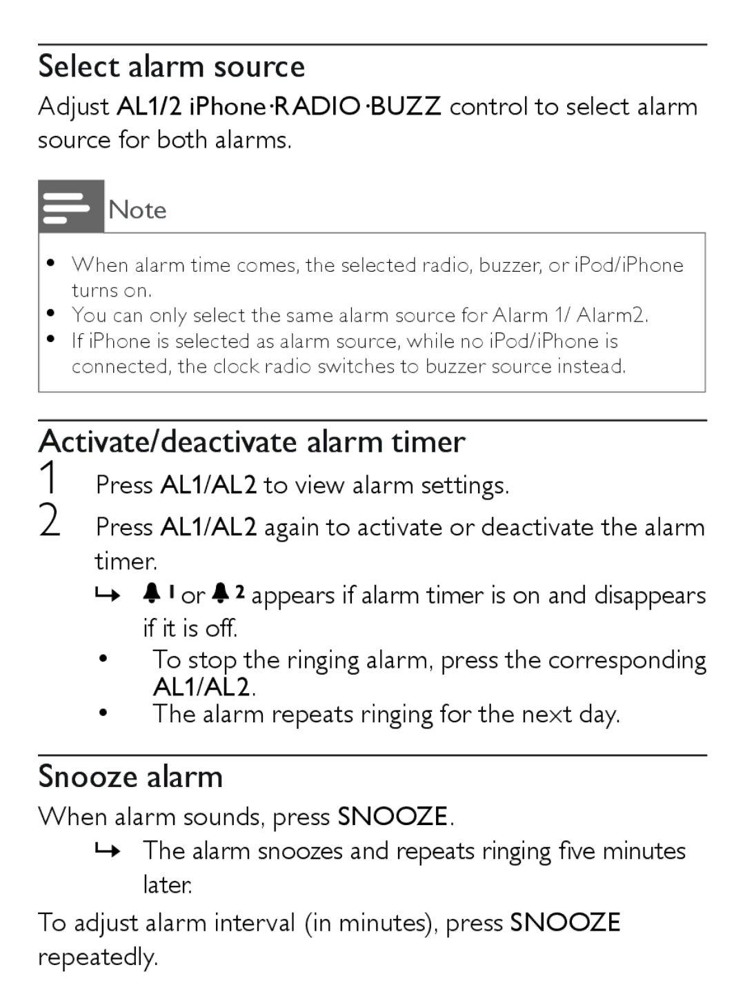 Philips AJ7030D user manual Select alarm source, Activate/deactivate alarm timer, Snooze alarm 