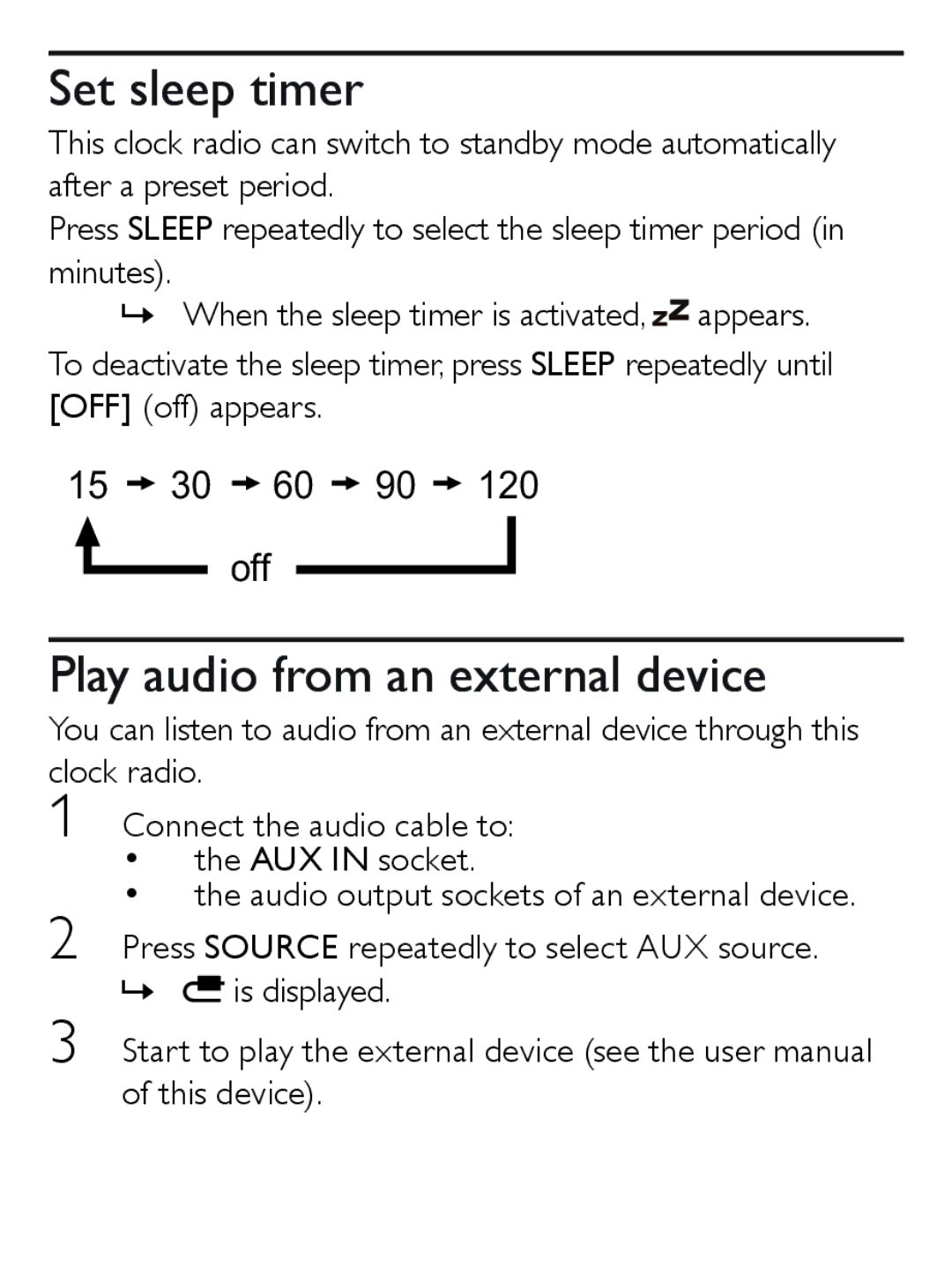 Philips AJ7030D user manual Set sleep timer, Play audio from an external device 