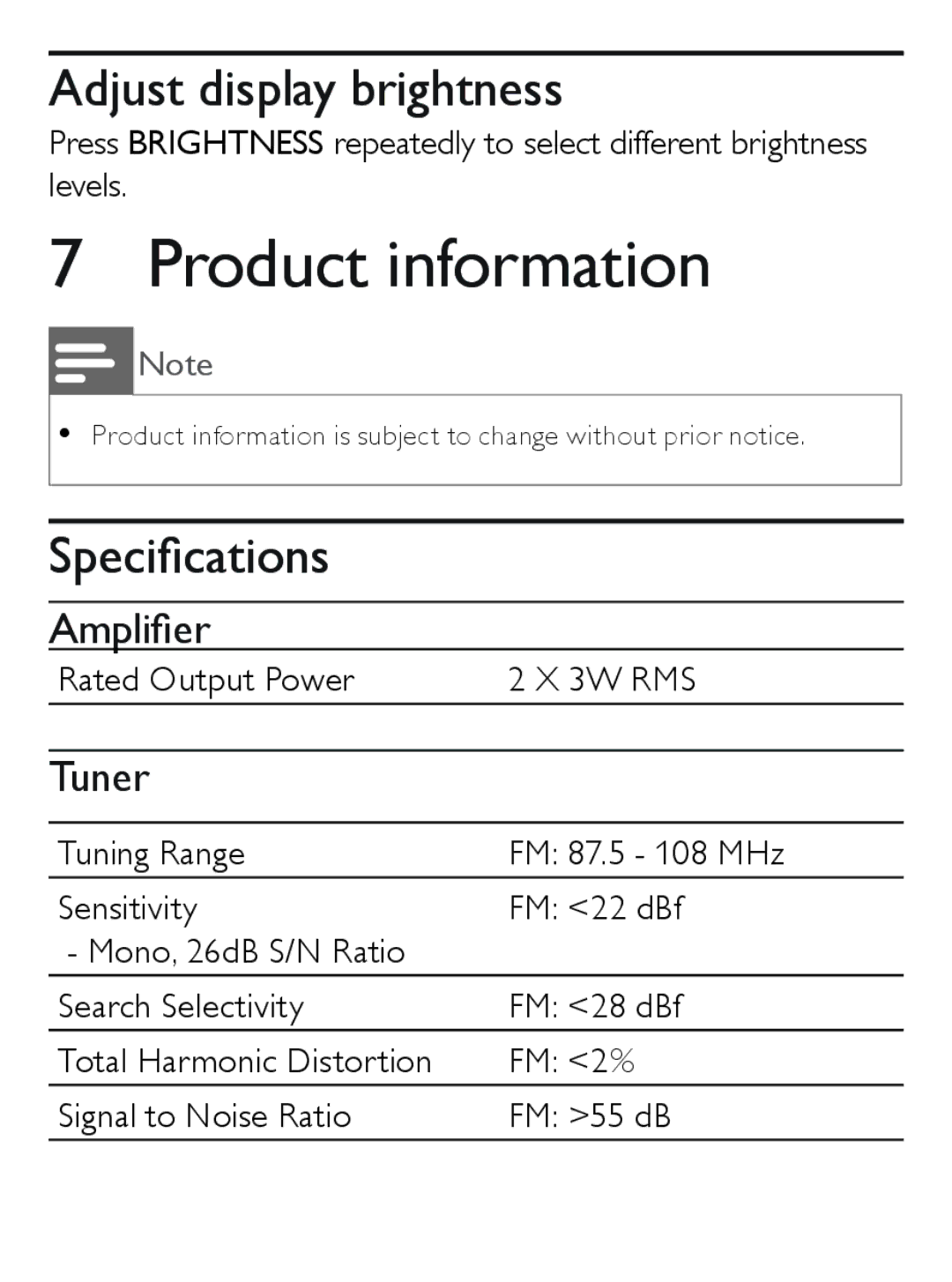 Philips AJ7030D user manual Product information, Adjust display brightness, Speciﬁcations, Ampliﬁer, Tuner 