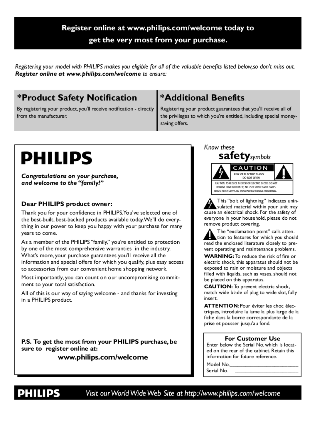 Philips AJ7030D user manual Product Safety Notiﬁcation 