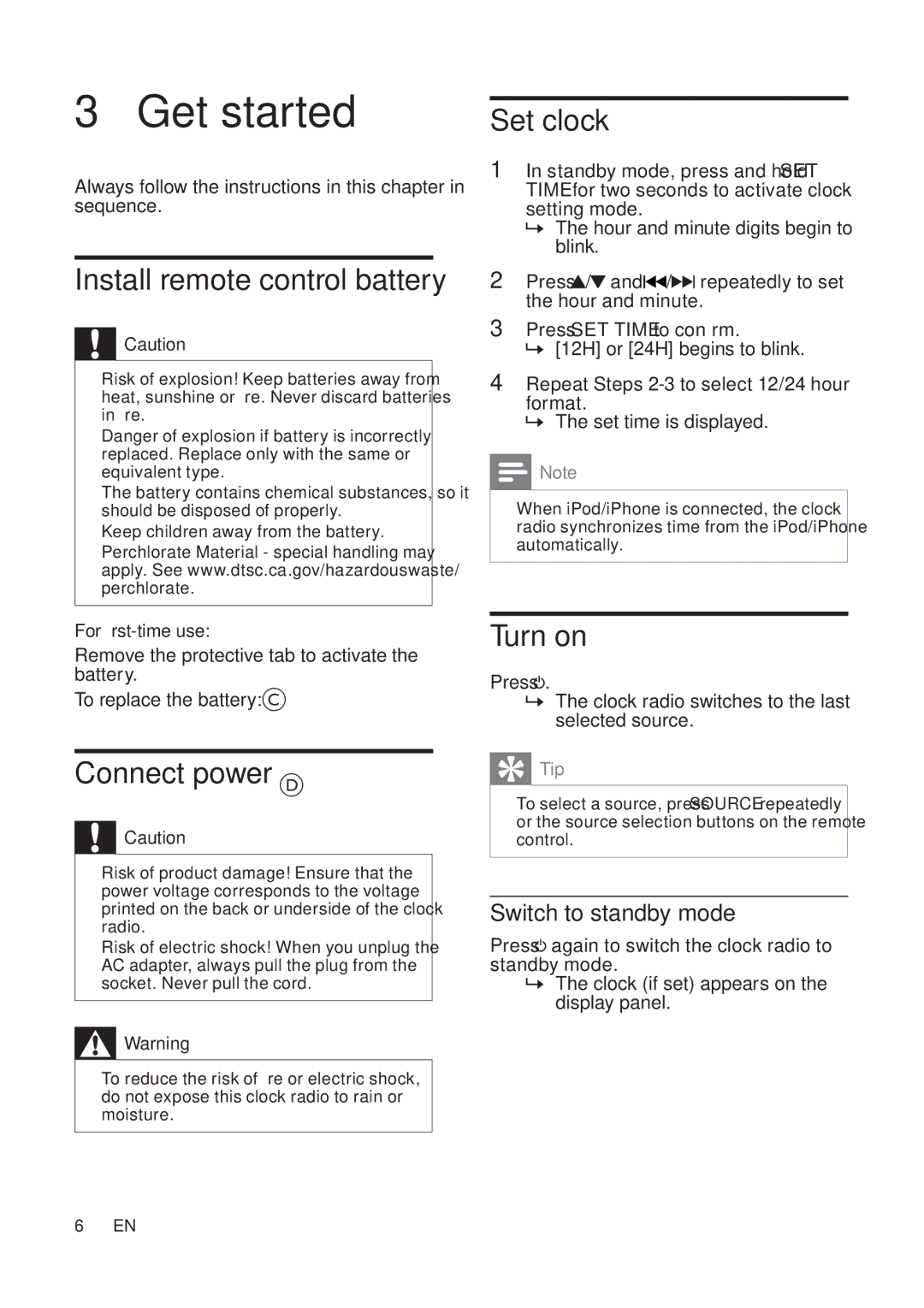 Philips AJ7040D user manual Get started, Install remote control battery, Connect power D, Set clock, Turn on 