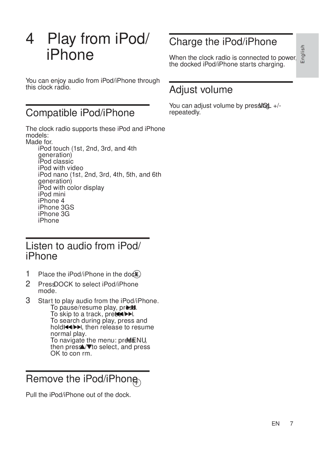 Philips AJ7040D user manual Play from iPod/ iPhone 