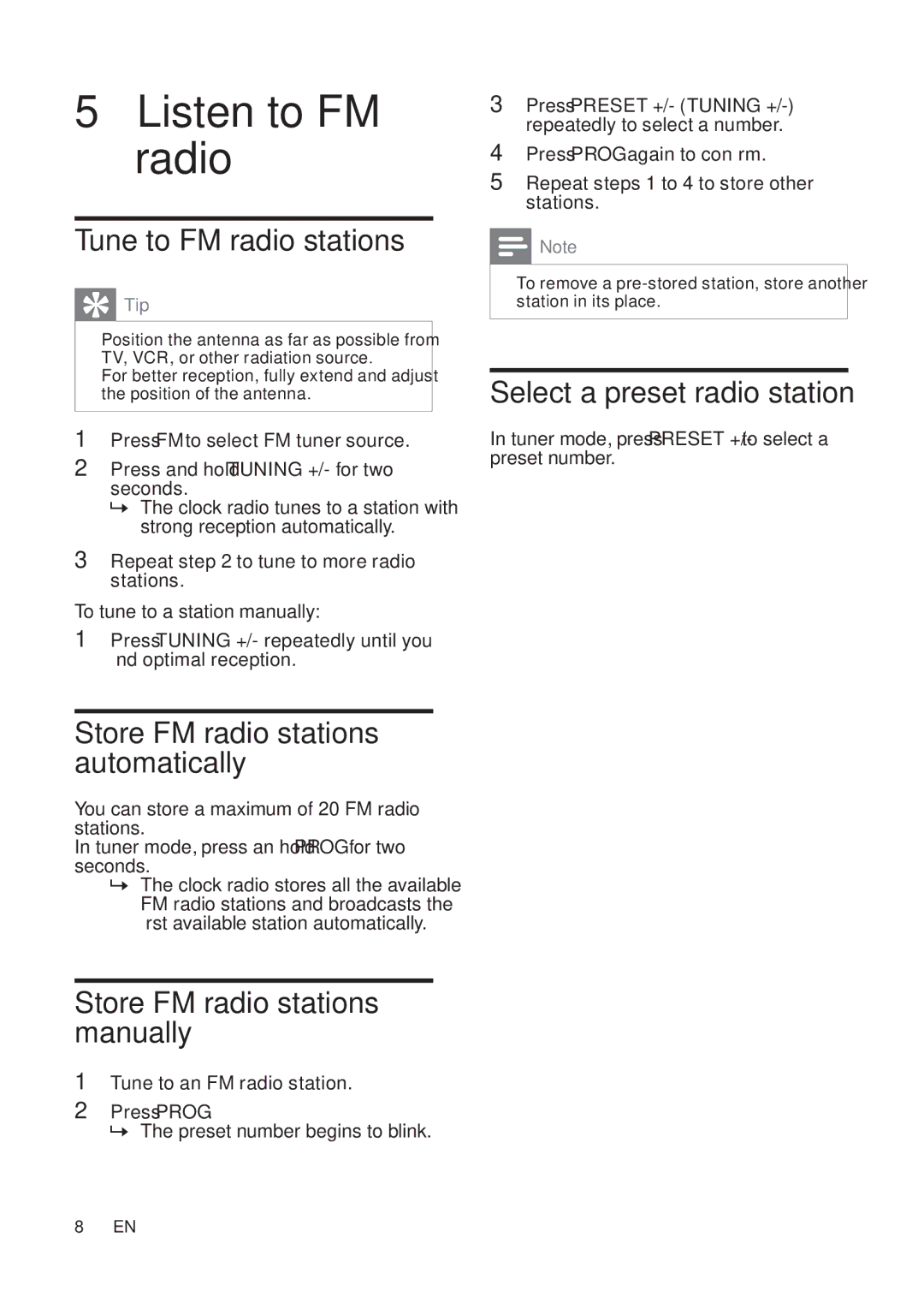 Philips AJ7040D user manual Listen to FM radio, Tune to FM radio stations, Store FM radio stations automatically 