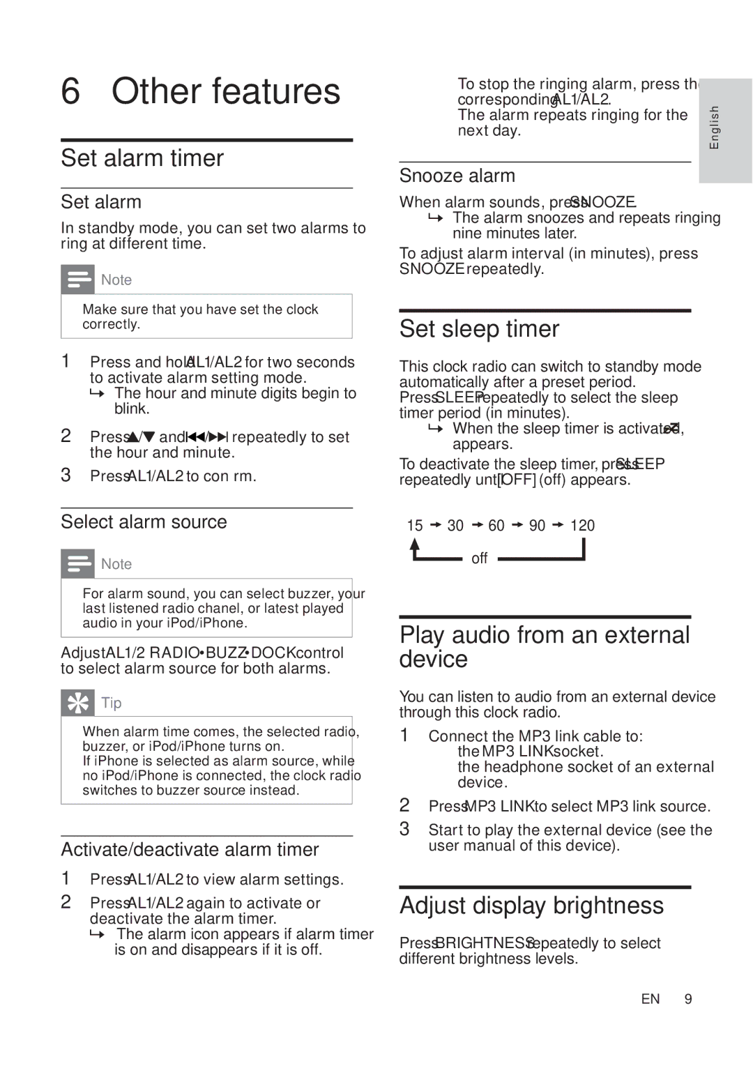 Philips AJ7040D user manual Other features, Set alarm timer, Set sleep timer, Play audio from an external device 