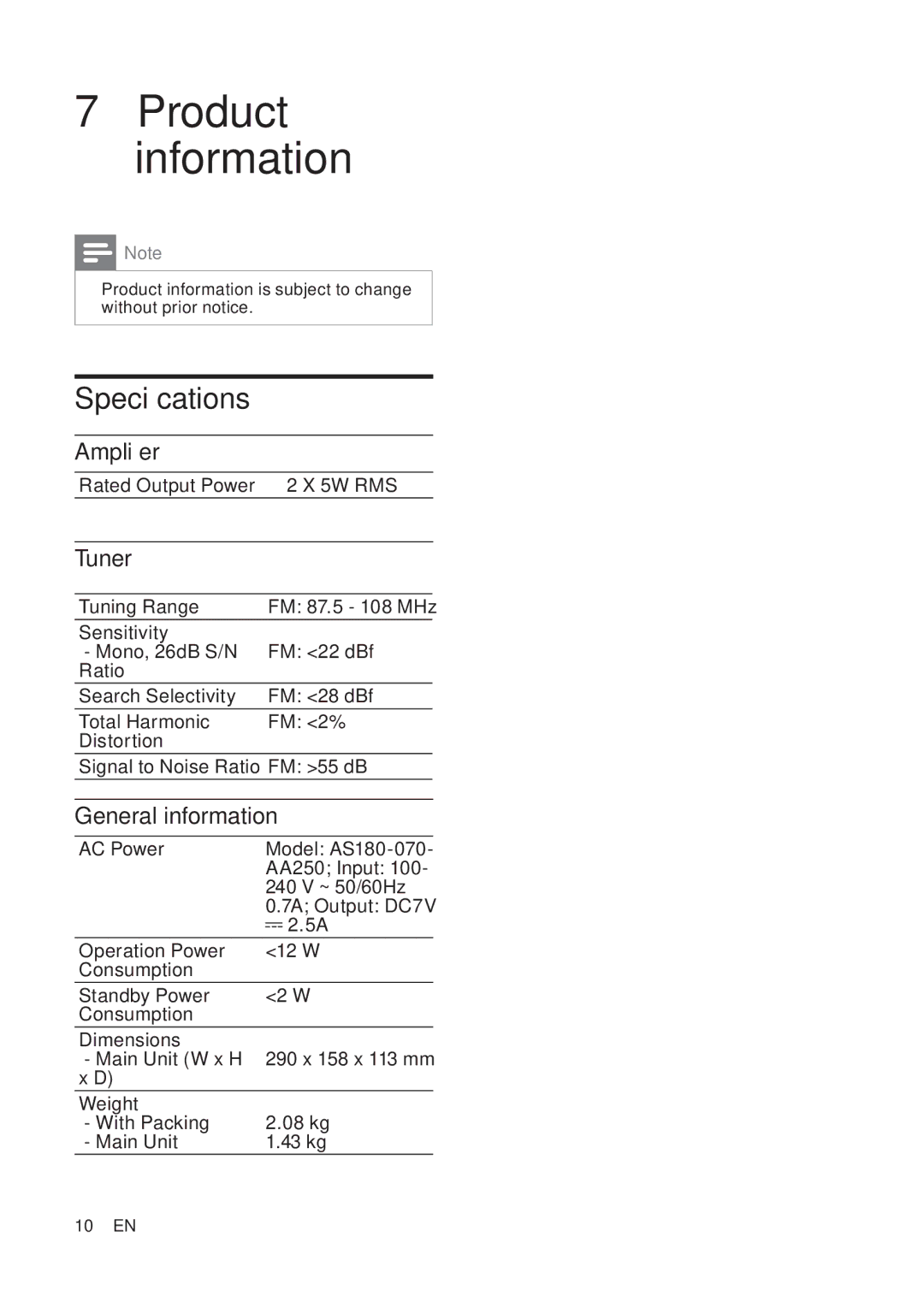 Philips AJ7040D user manual Speci cations, Ampli er, Tuner, General information 