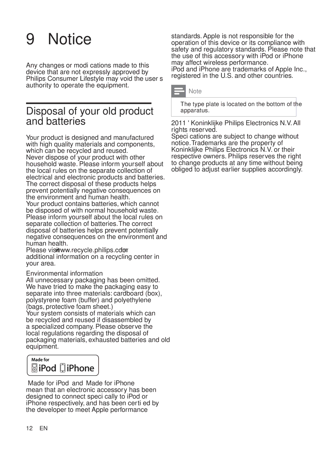 Philips AJ7040D user manual Disposal of your old product and batteries, Environmental information 