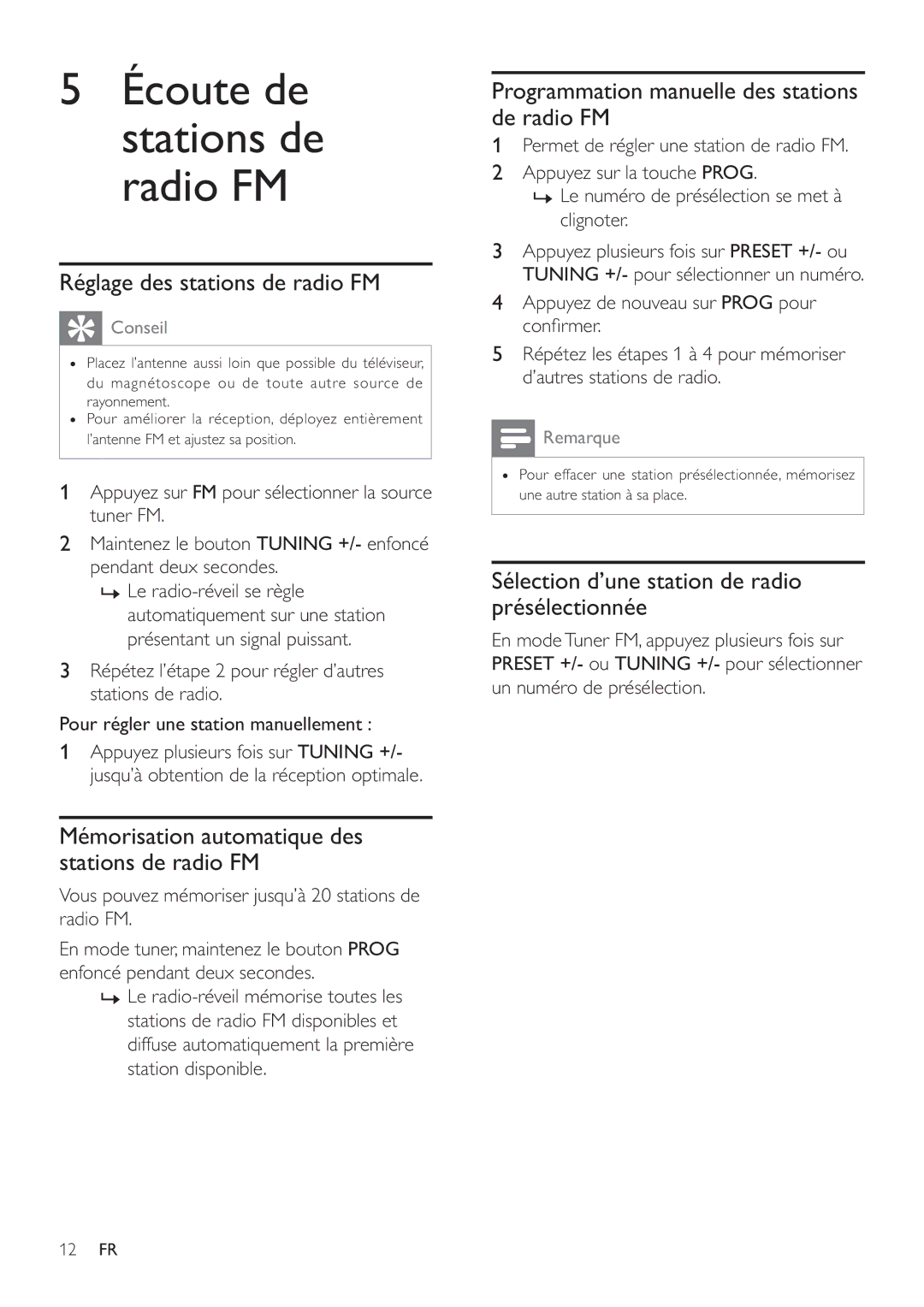 Philips AJ7041D manual Réglage des stations de radio FM, Mémorisation automatique des stations de radio FM 