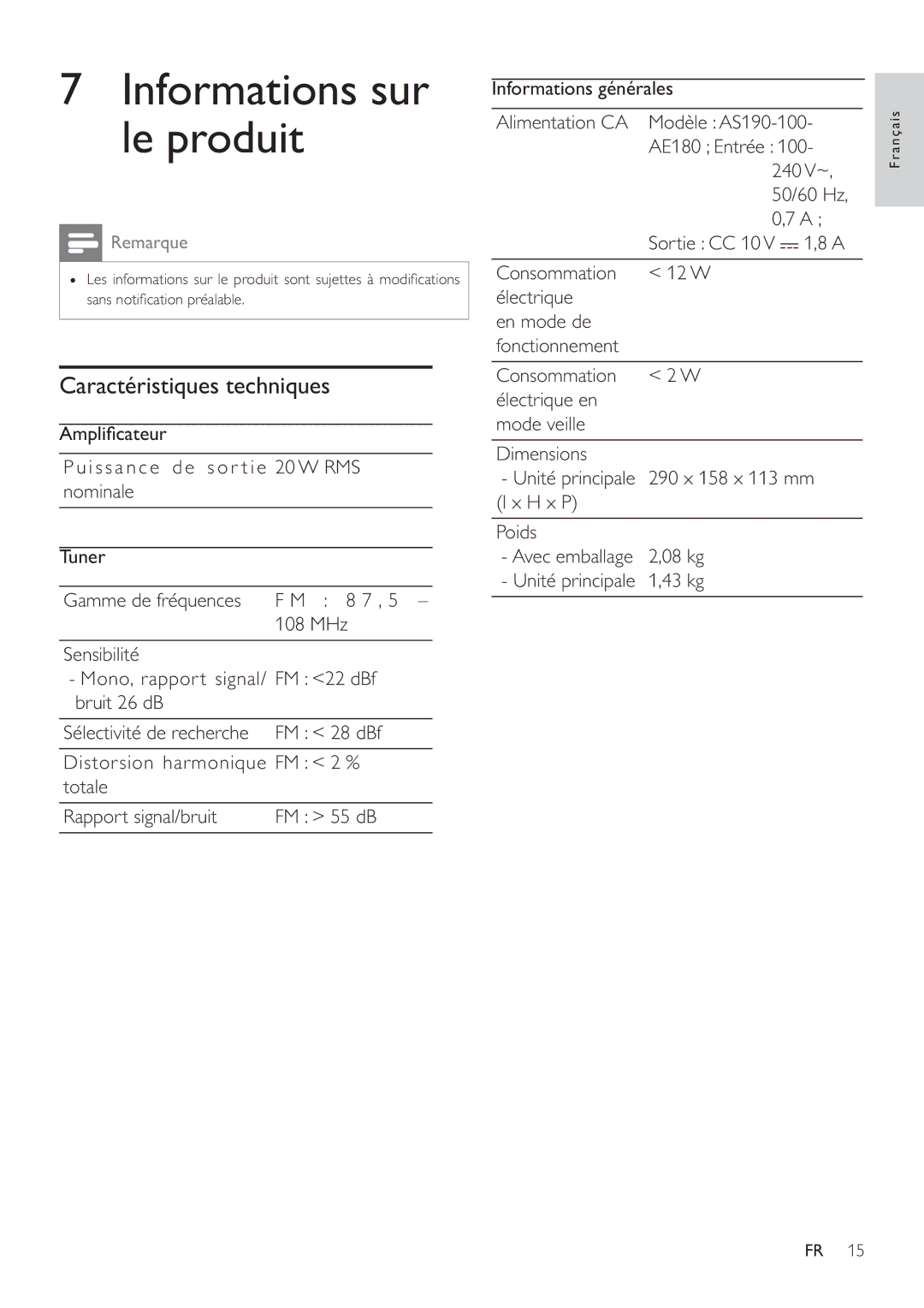 Philips AJ7041D manual Informations sur le produit, Caractéristiques techniques 