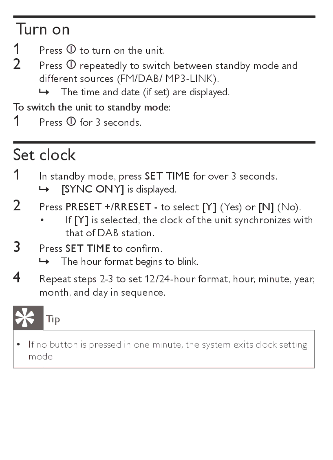 Philips AJB1002/05 user manual Turn on, Set clock 