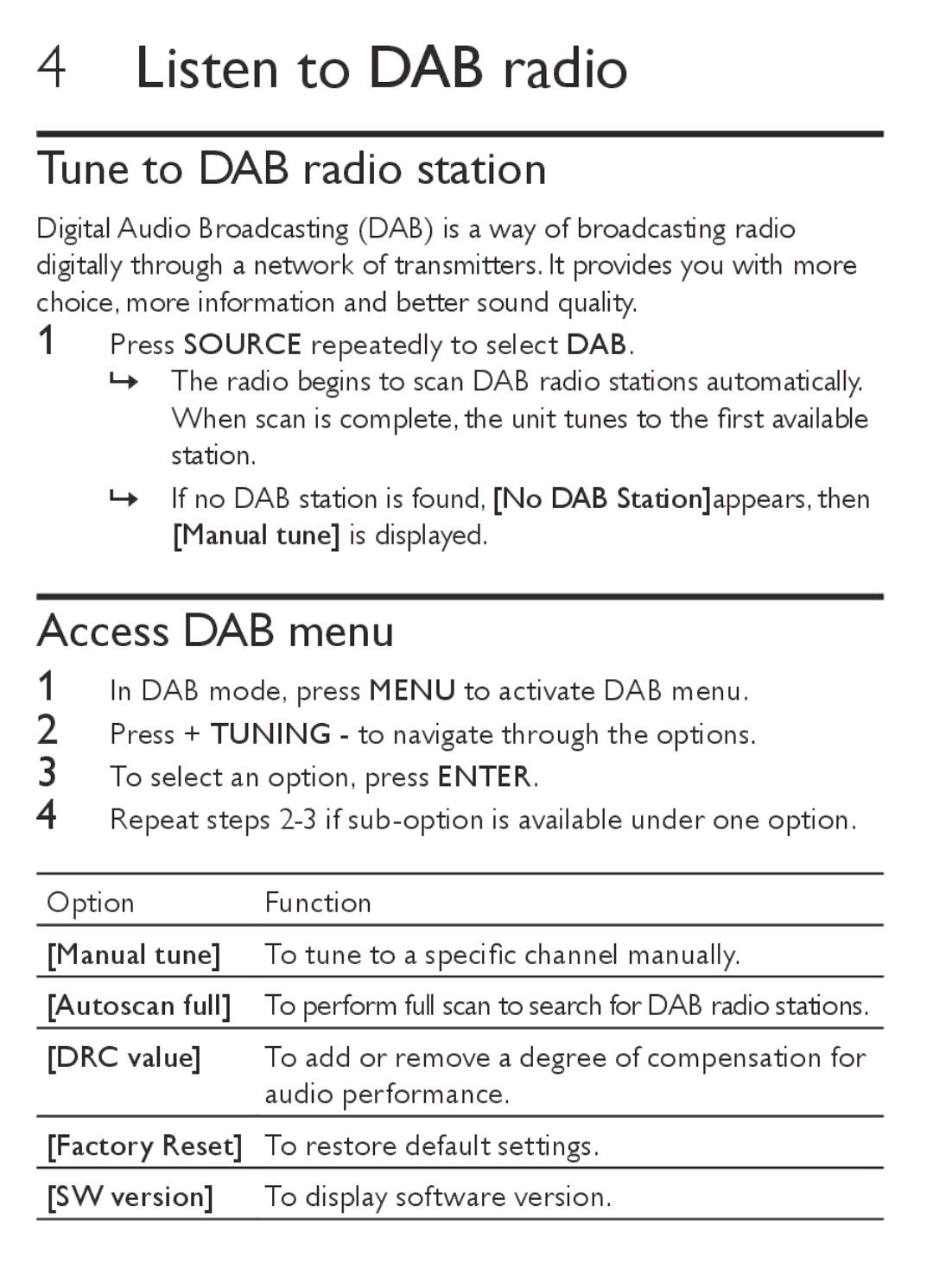 Philips AJB1002/05 user manual Listen to DAB radio, Tune to DAB radio station, Access DAB menu 