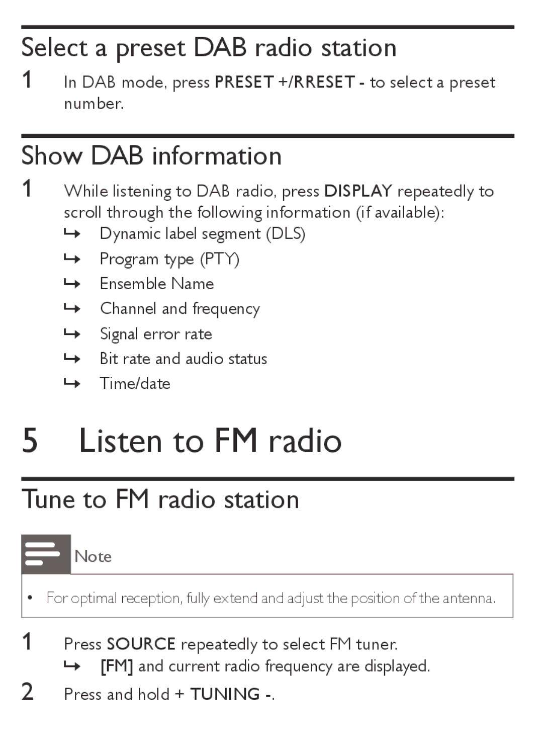 Philips AJB1002/05 Listen to FM radio, Select a preset DAB radio station, Show DAB information, Tune to FM radio station 