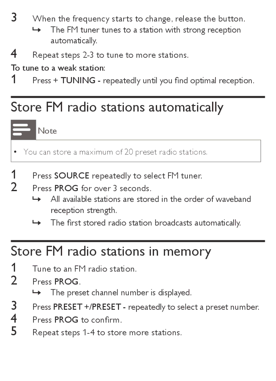 Philips AJB1002/05 user manual Store FM radio stations automatically, Store FM radio stations in memory 