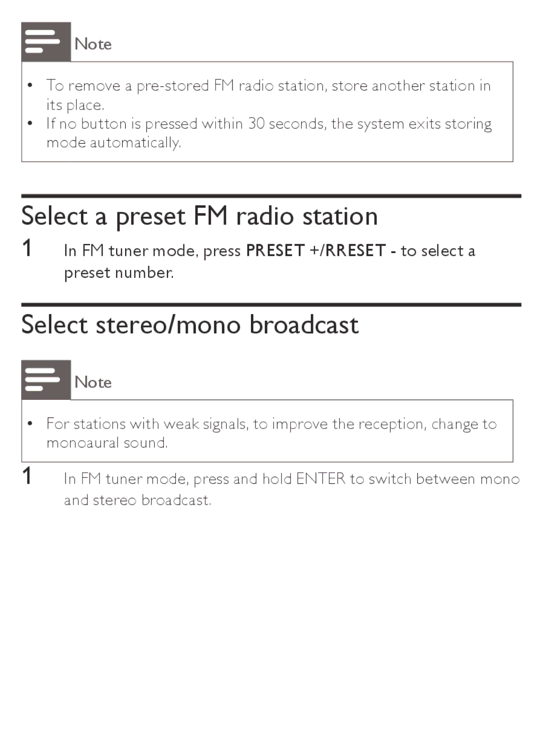 Philips AJB1002/05 user manual Select a preset FM radio station, Select stereo/mono broadcast 