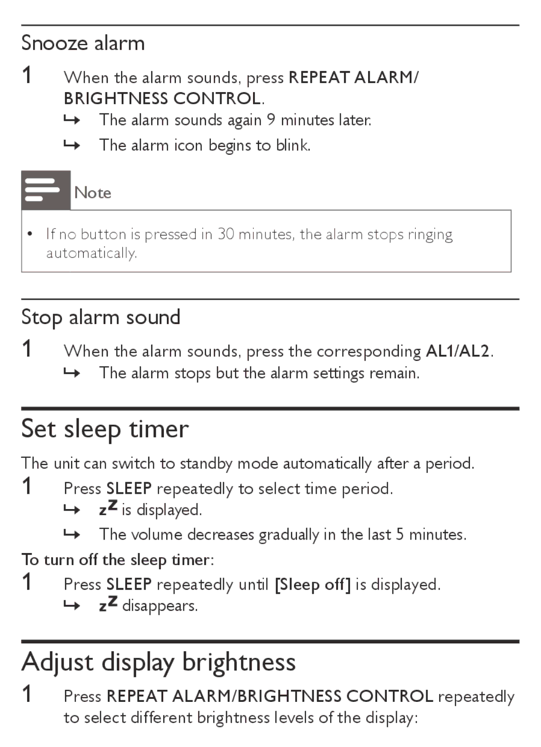 Philips AJB1002/05 user manual Set sleep timer, Adjust display brightness 