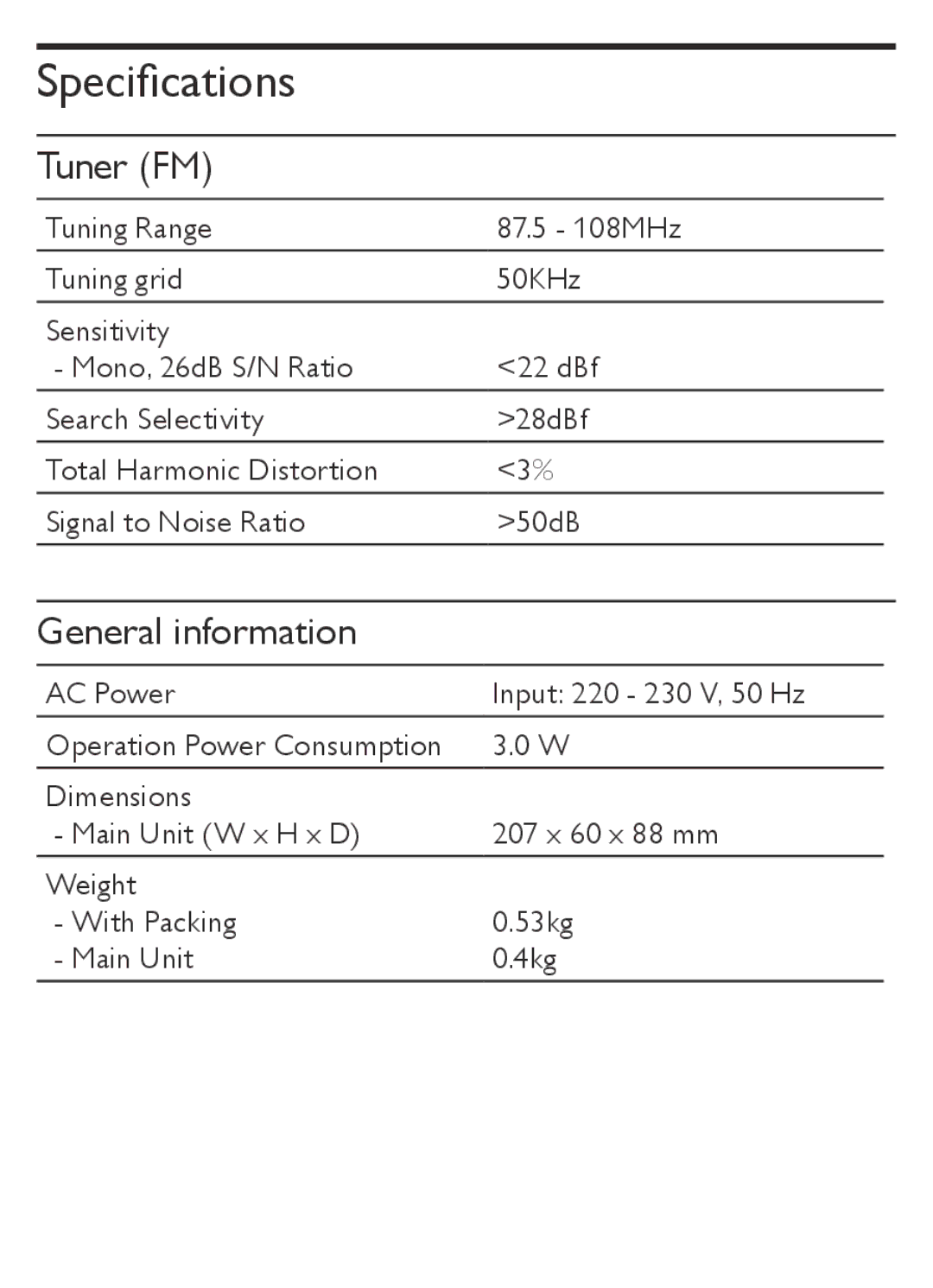 Philips AJB1002/05 user manual Specifications, Tuner FM 