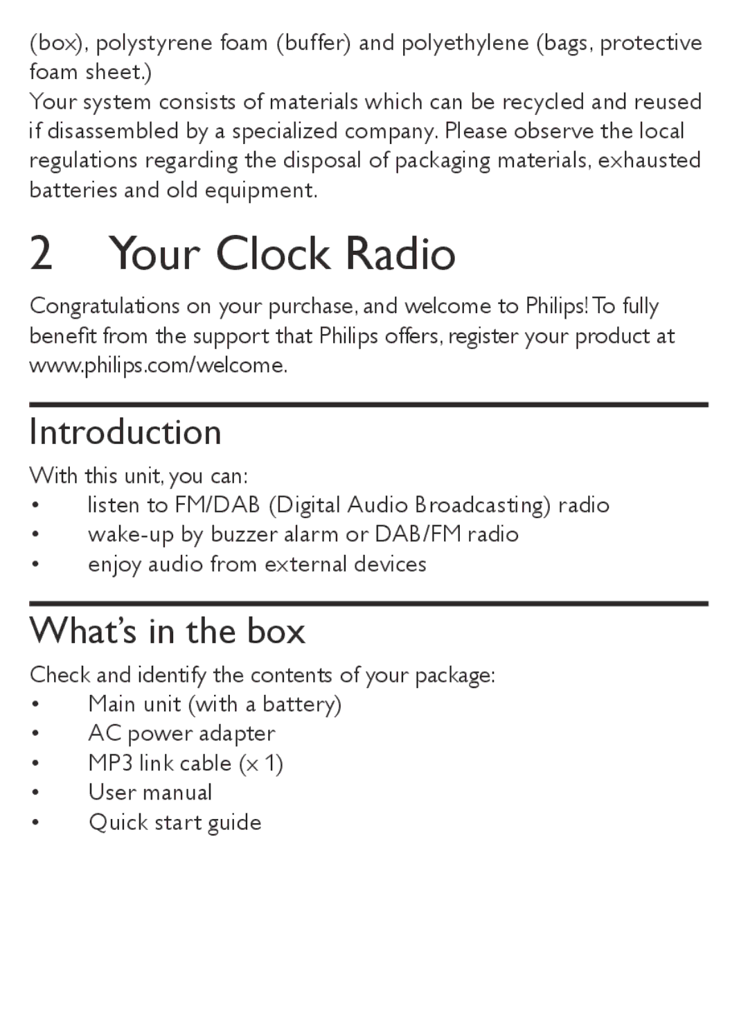 Philips AJB1002/05 user manual Your Clock Radio, Introduction, What’s in the box 