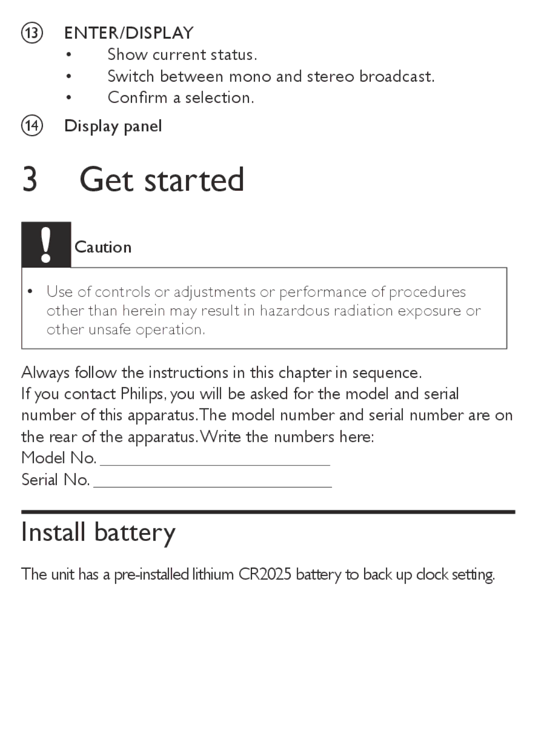 Philips AJB1002/05 user manual Get started, Install battery 