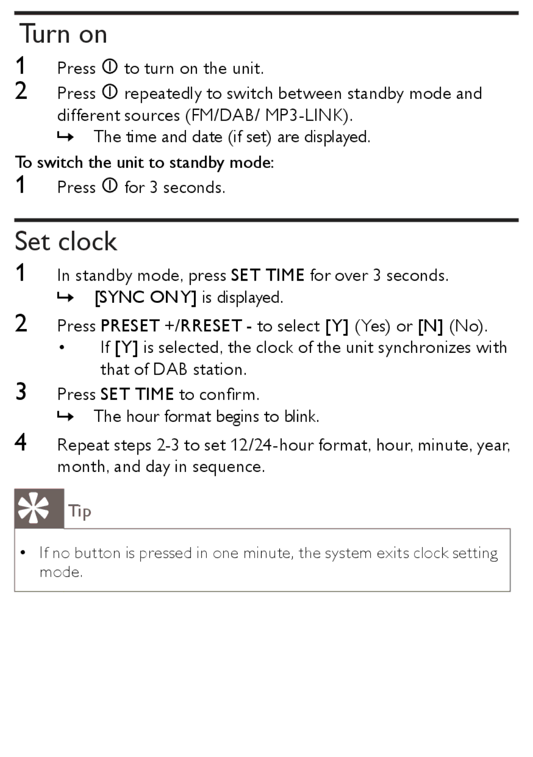 Philips AJB1002/79 user manual Turn on, Set clock 