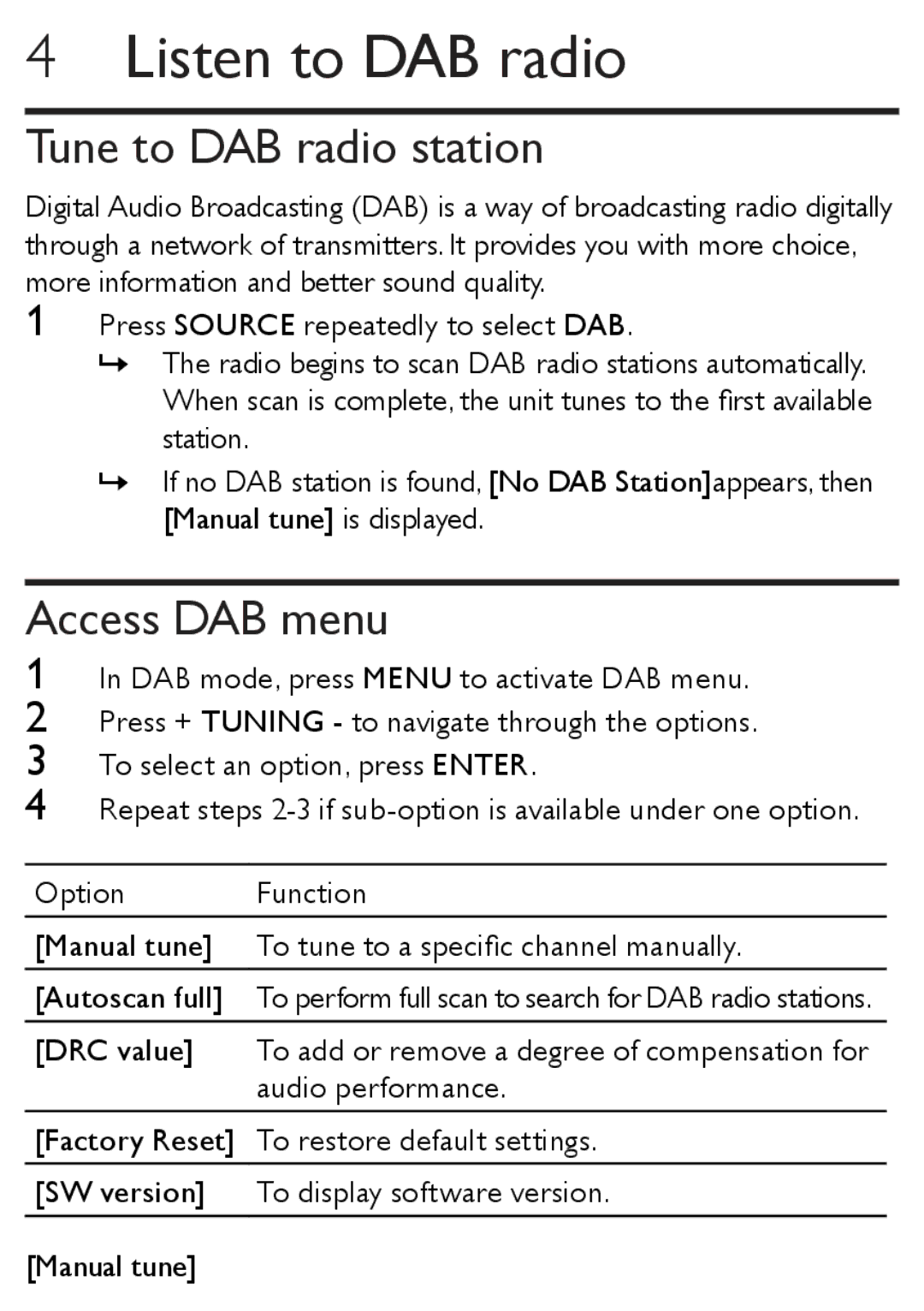 Philips AJB1002/79 user manual Listen to DAB radio, Tune to DAB radio station, Access DAB menu 