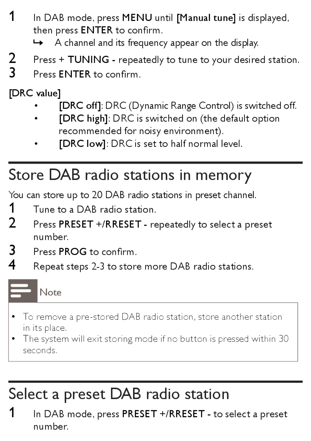 Philips AJB1002/79 user manual Store DAB radio stations in memory, Select a preset DAB radio station 