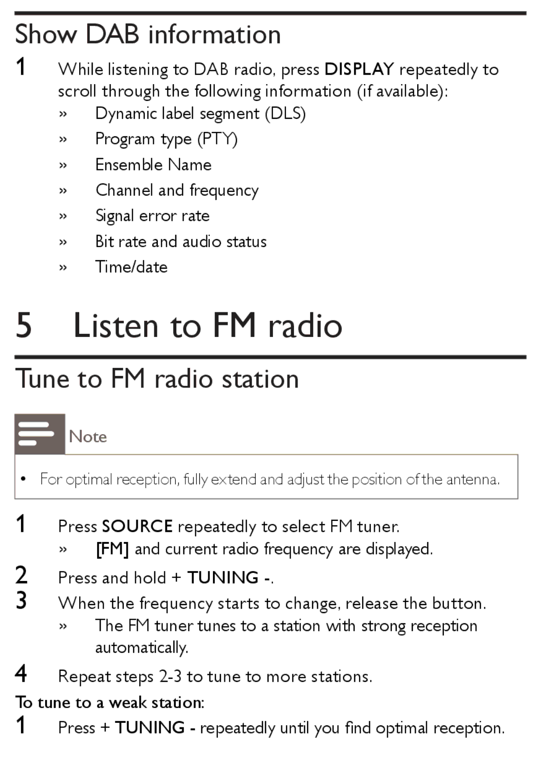 Philips AJB1002/79 user manual Listen to FM radio, Show DAB information, Tune to FM radio station 